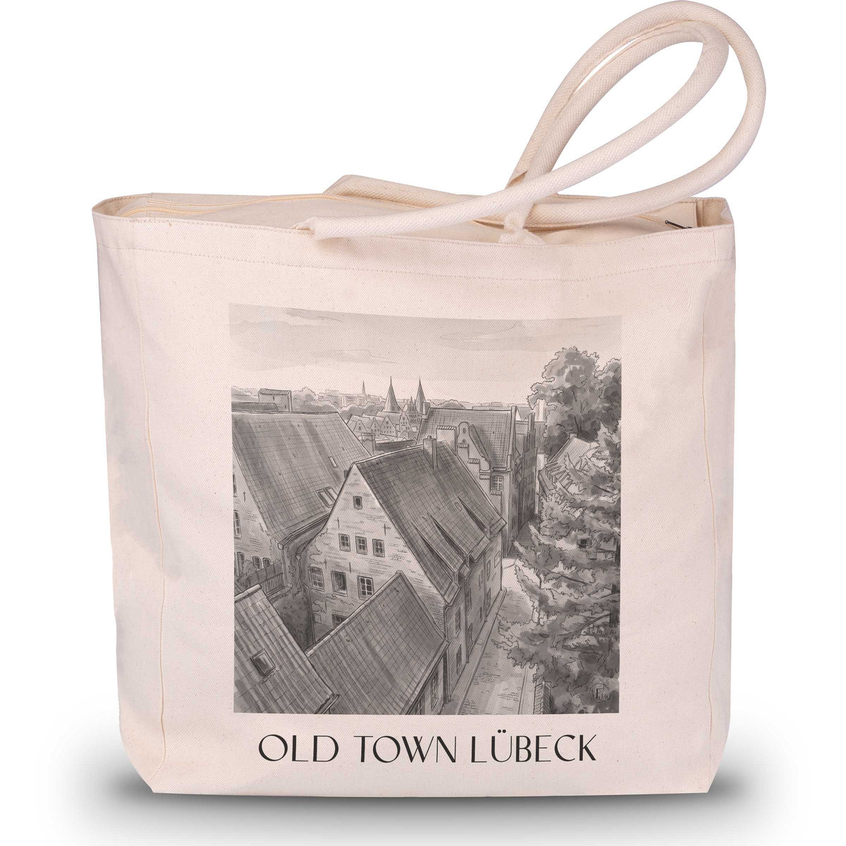 Altstadt Shopping Tasche - Lübeck - Deutschland Tote Bag - Einkaufstasche im Aquarell Schwarz-Weiß Stil - favplace