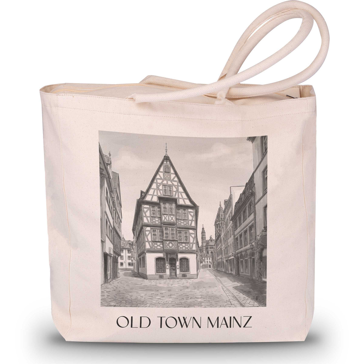 Altstadt Shopping Tasche - Mainz - Deutschland Tote Bag - Einkaufstasche im Aquarell Schwarz-Weiß Stil - favplace