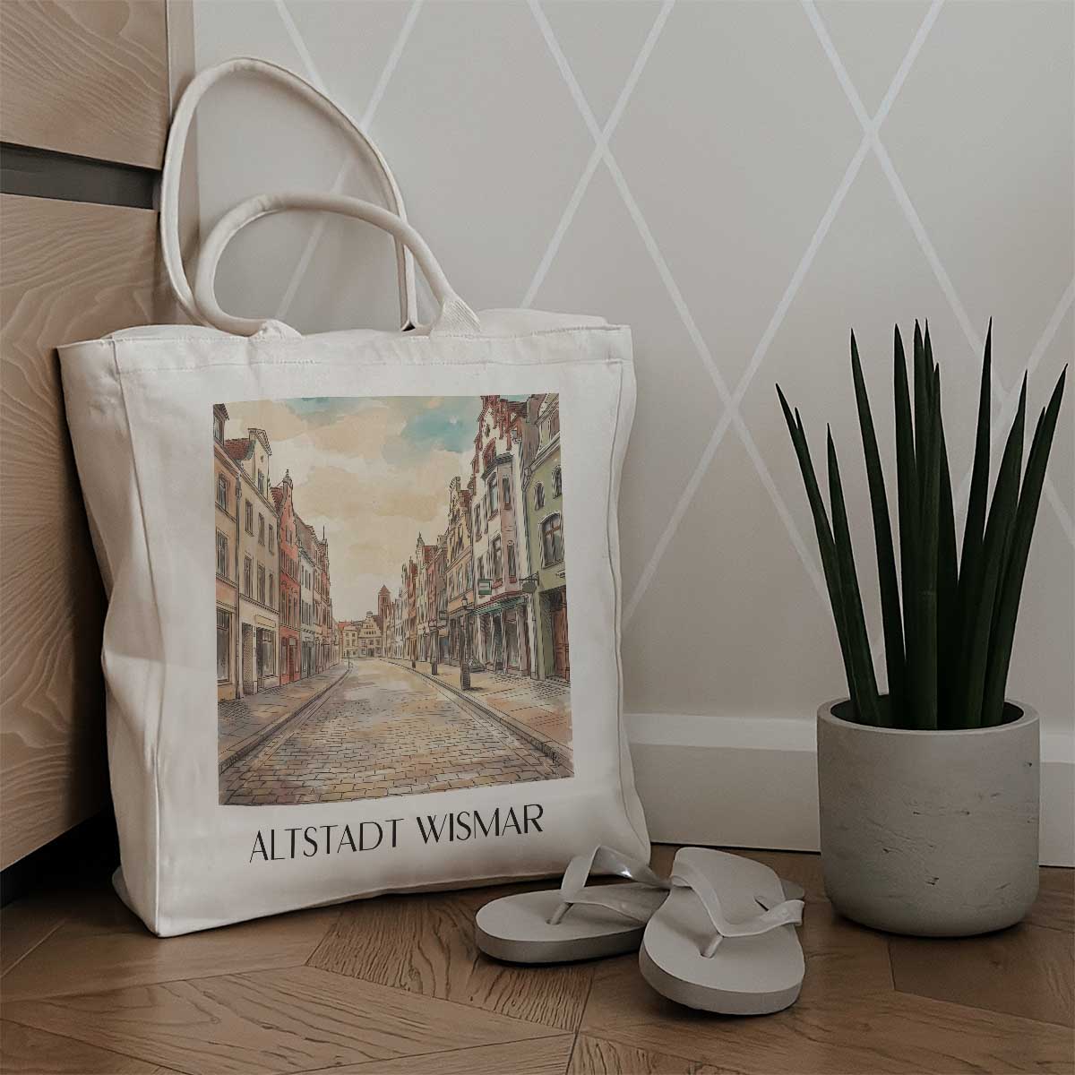 altstadt-wismar-deutschland-einkaufstasche-aquarell