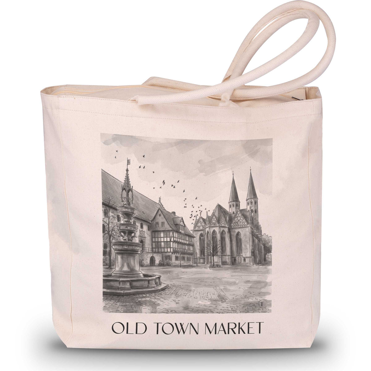 Altstadtmarkt Shopping Tasche - Braunschweig - Deutschland Tote Bag - Einkaufstasche im Aquarell Schwarz-Weiß Stil - favplace