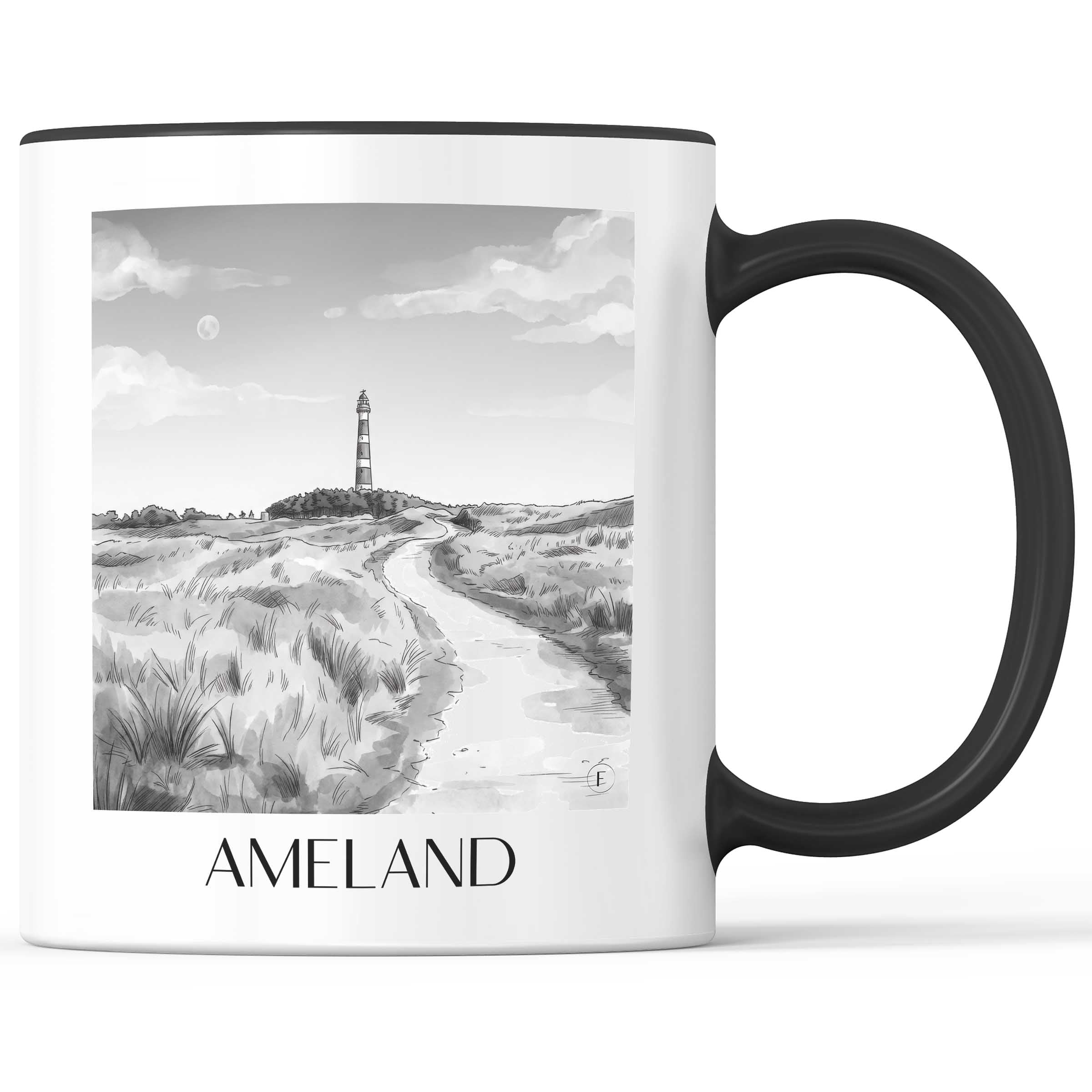 ameland-niederlande-kaffeebecher-aquarell-schwarz-weiss
