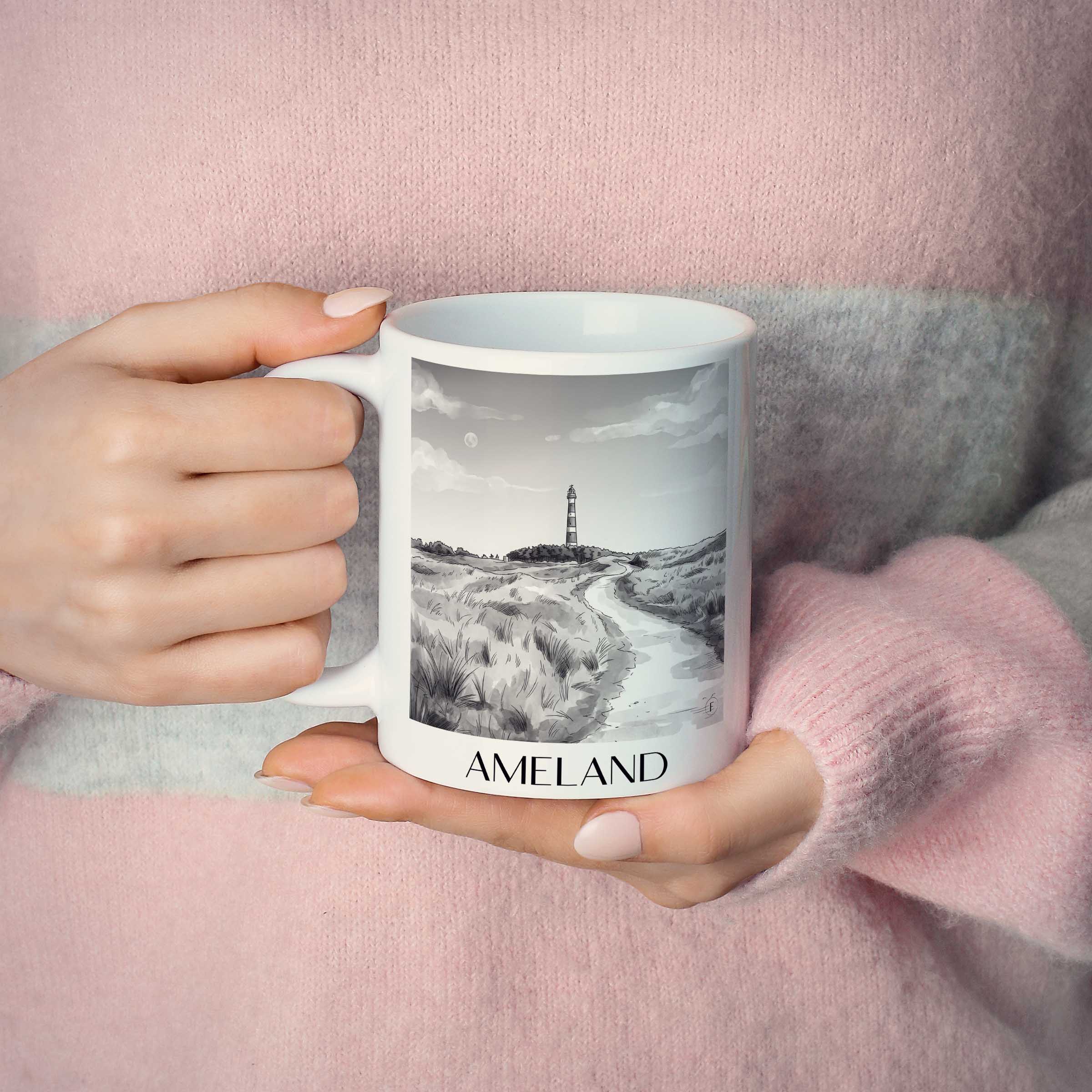 ameland-niederlande-kaffeebecher-aquarell-schwarz-weiss