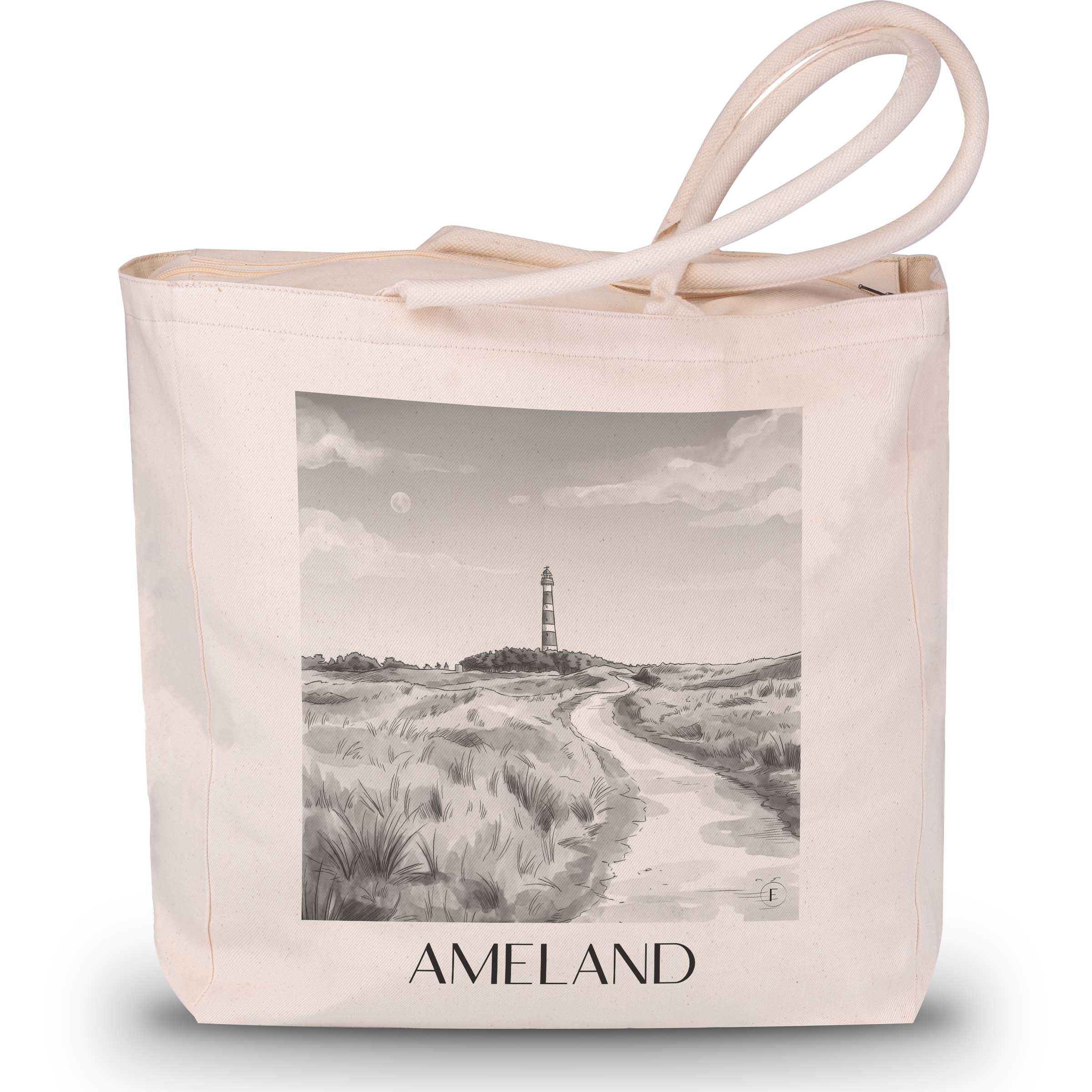 ameland-niederlande-einkaufstasche-aquarell-schwarz-weiss