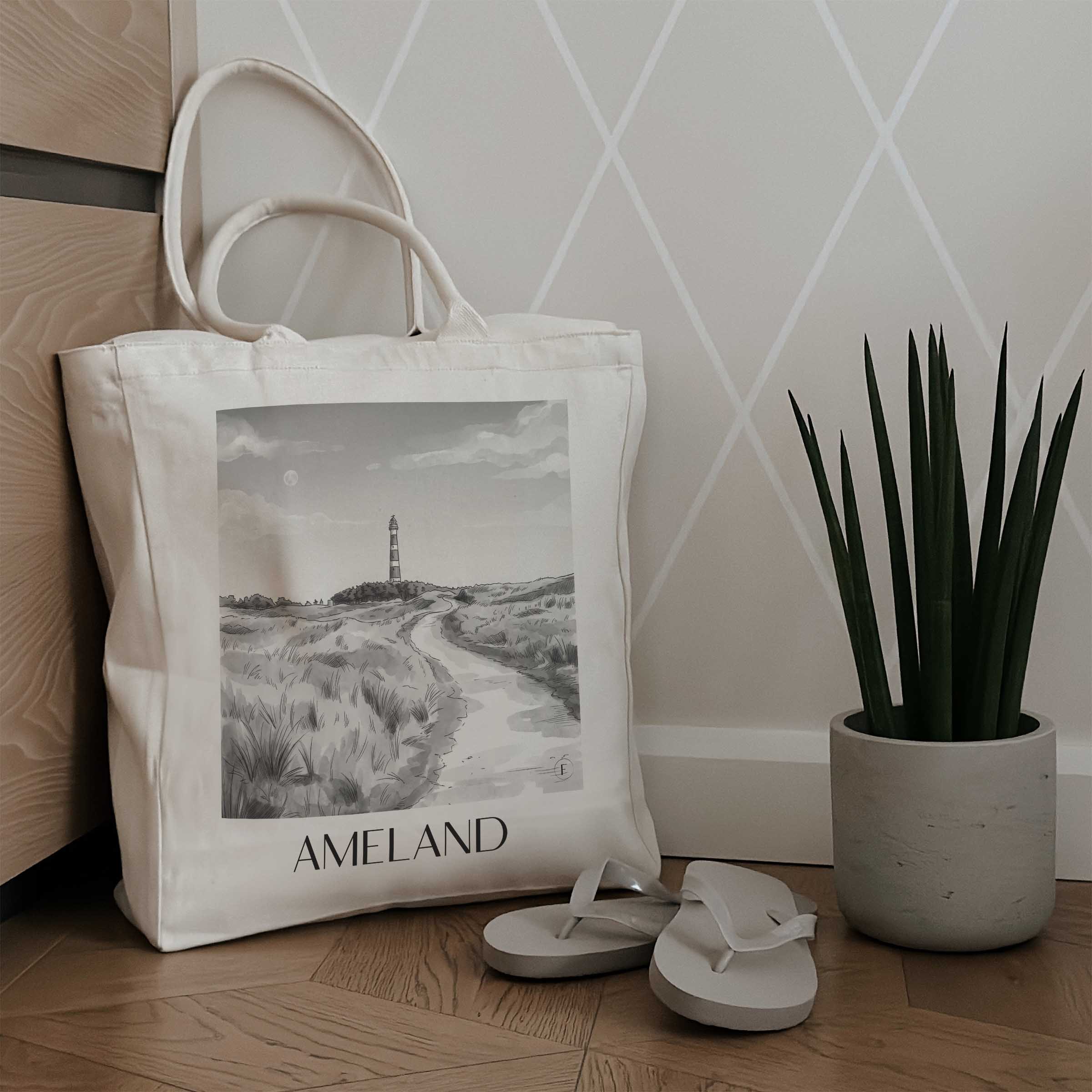 ameland-niederlande-einkaufstasche-aquarell-schwarz-weiss
