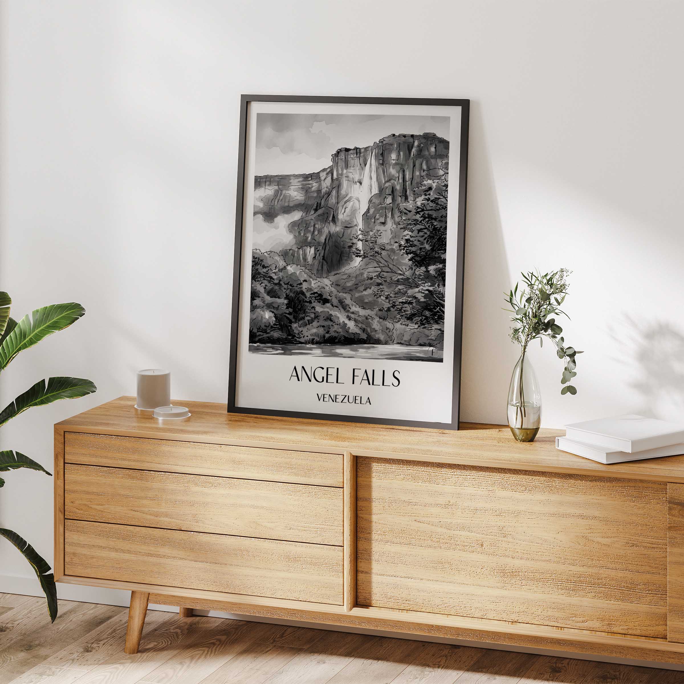 angel-falls-venezuela-poster-aquarell-schwarz-weiss