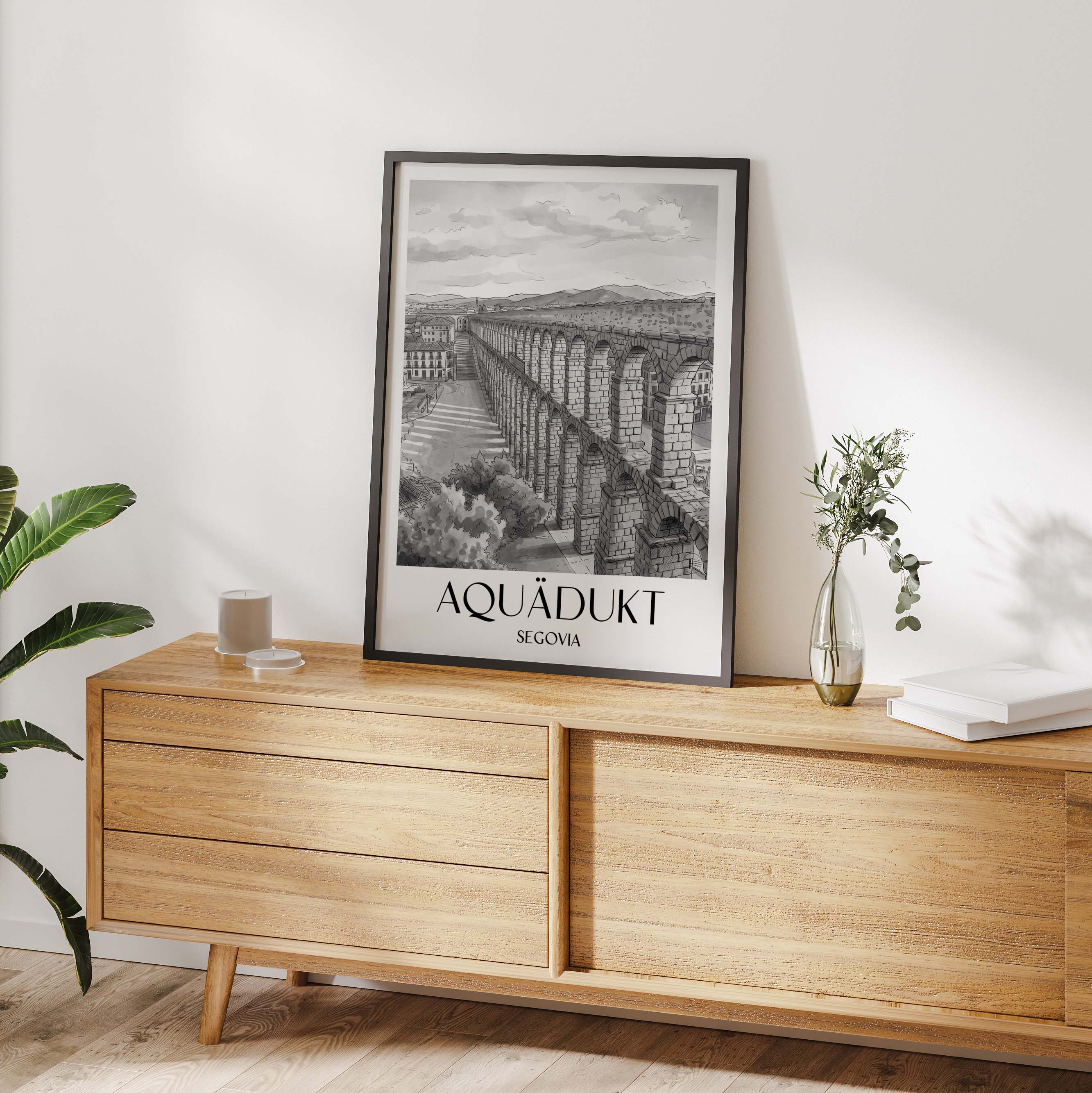 aquädukt-segovia-spanien-poster-aquarell-schwarz-weiss