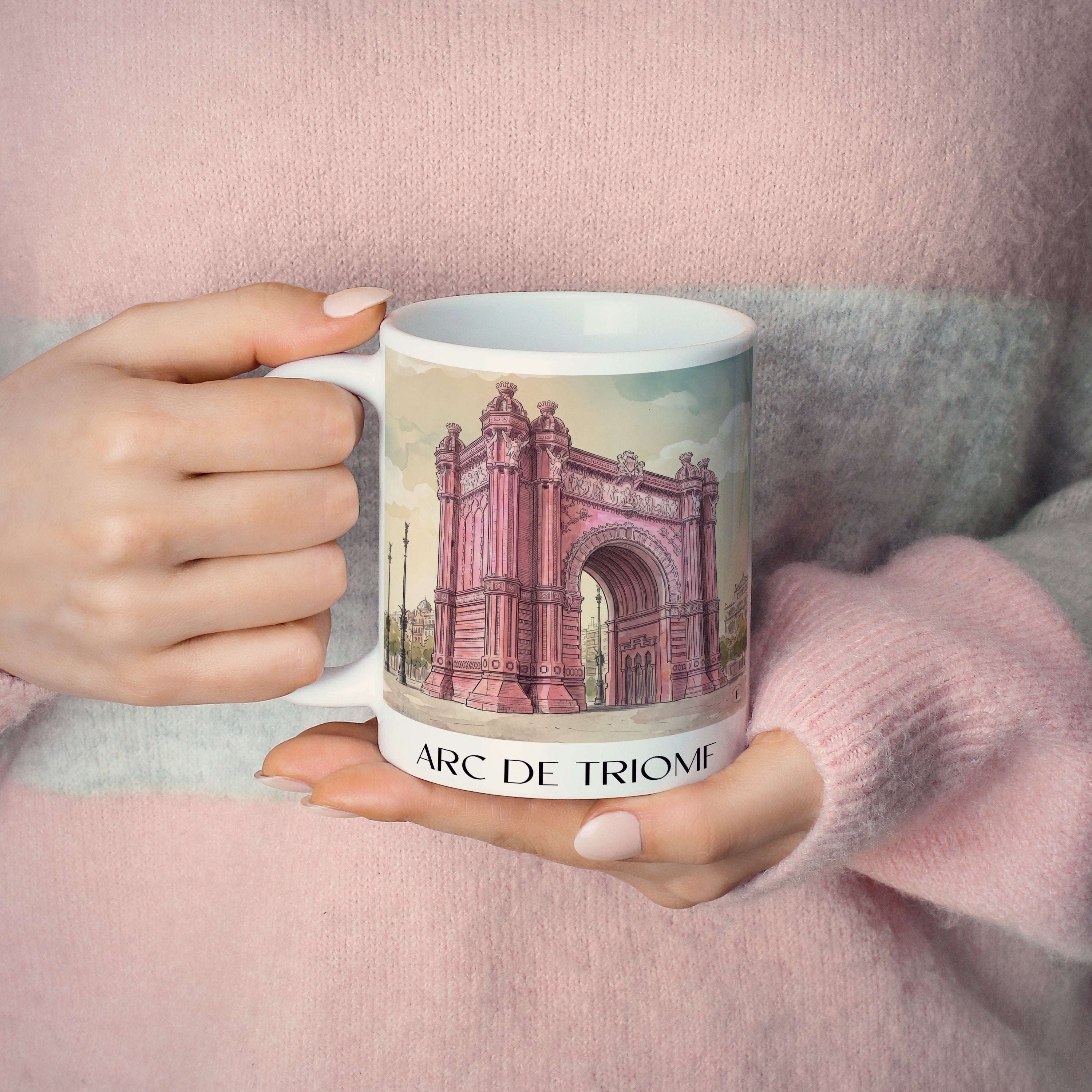 arc-de-triomf-barcelona-spanien-kaffeebecher-aquarell-pink-rosa
