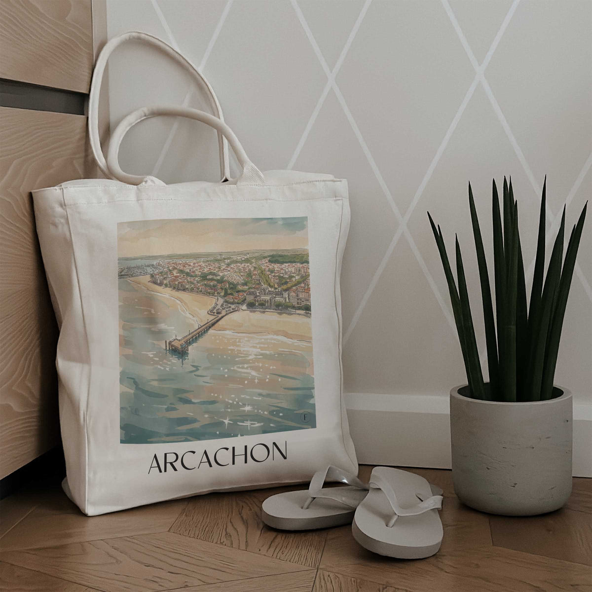 arcachon-gironde-frankreich-einkaufstasche-aquarell