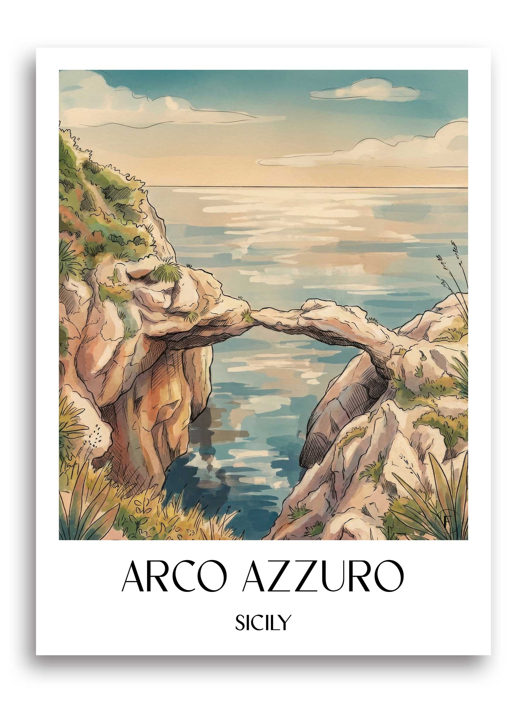Arco Azzuro Poster - Sizilien - Italien Kunstdruck - Aquarell von A4 bis A1 - favplace