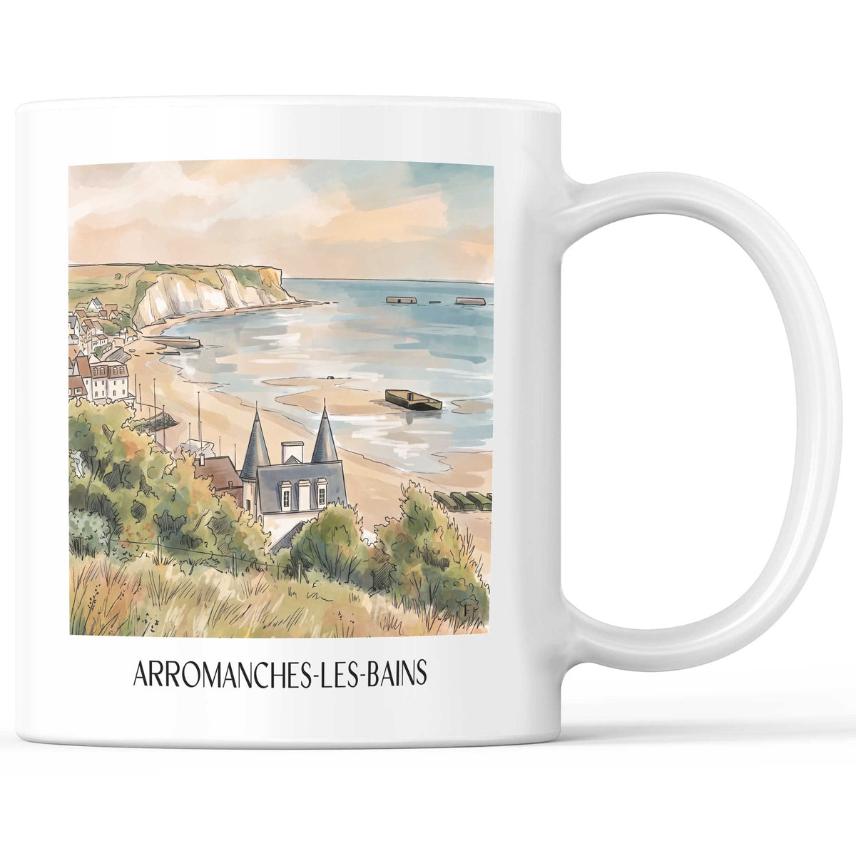 Arromanches-les-Bains Kaffeebecher - D-Day-Strände - Frankreich Becher - Kaffeetasse im Aquarell Stil
