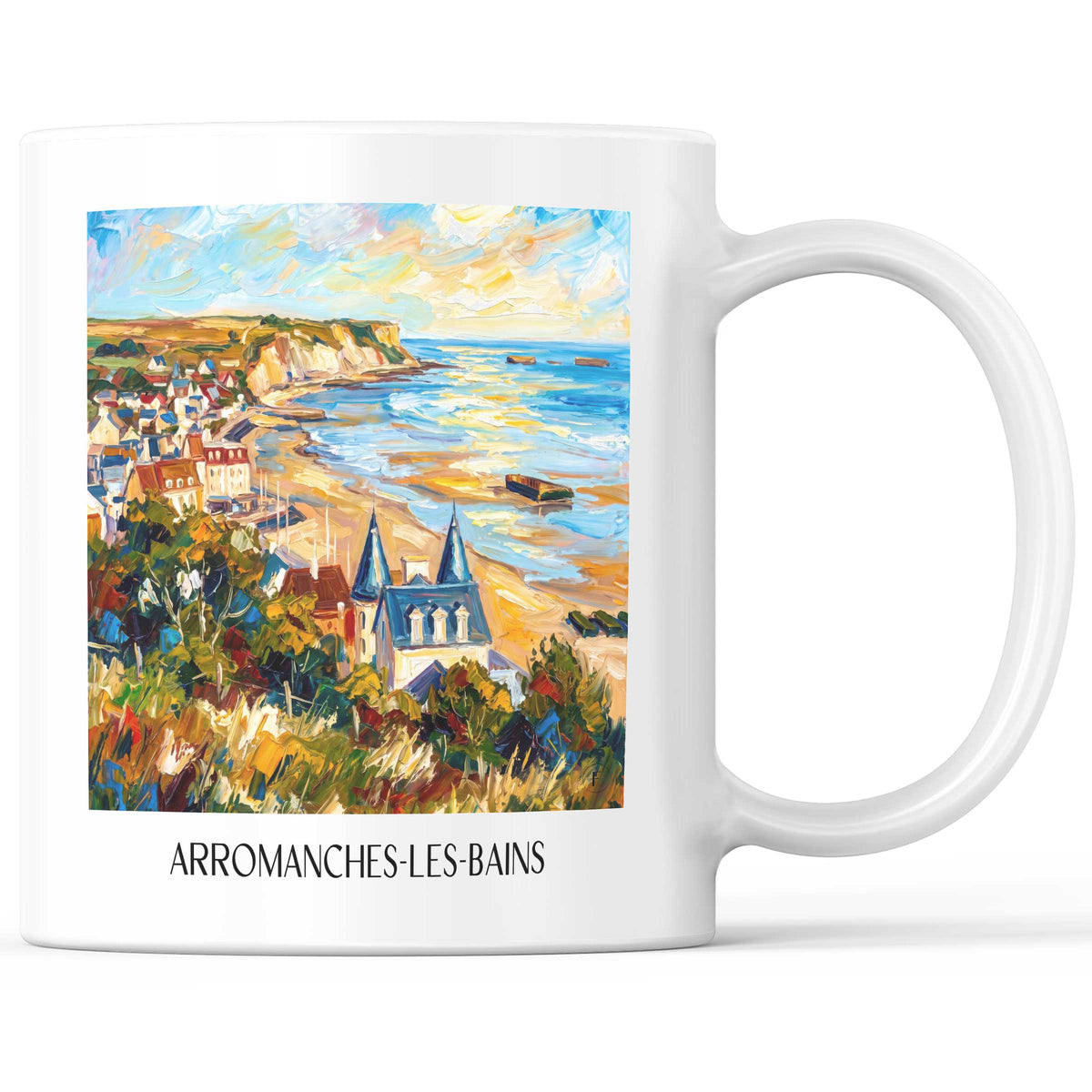 Arromanches-les-Bains Kaffeebecher - D-Day-Strände - Frankreich Becher - Kaffeetasse im Ölgemälde Stil