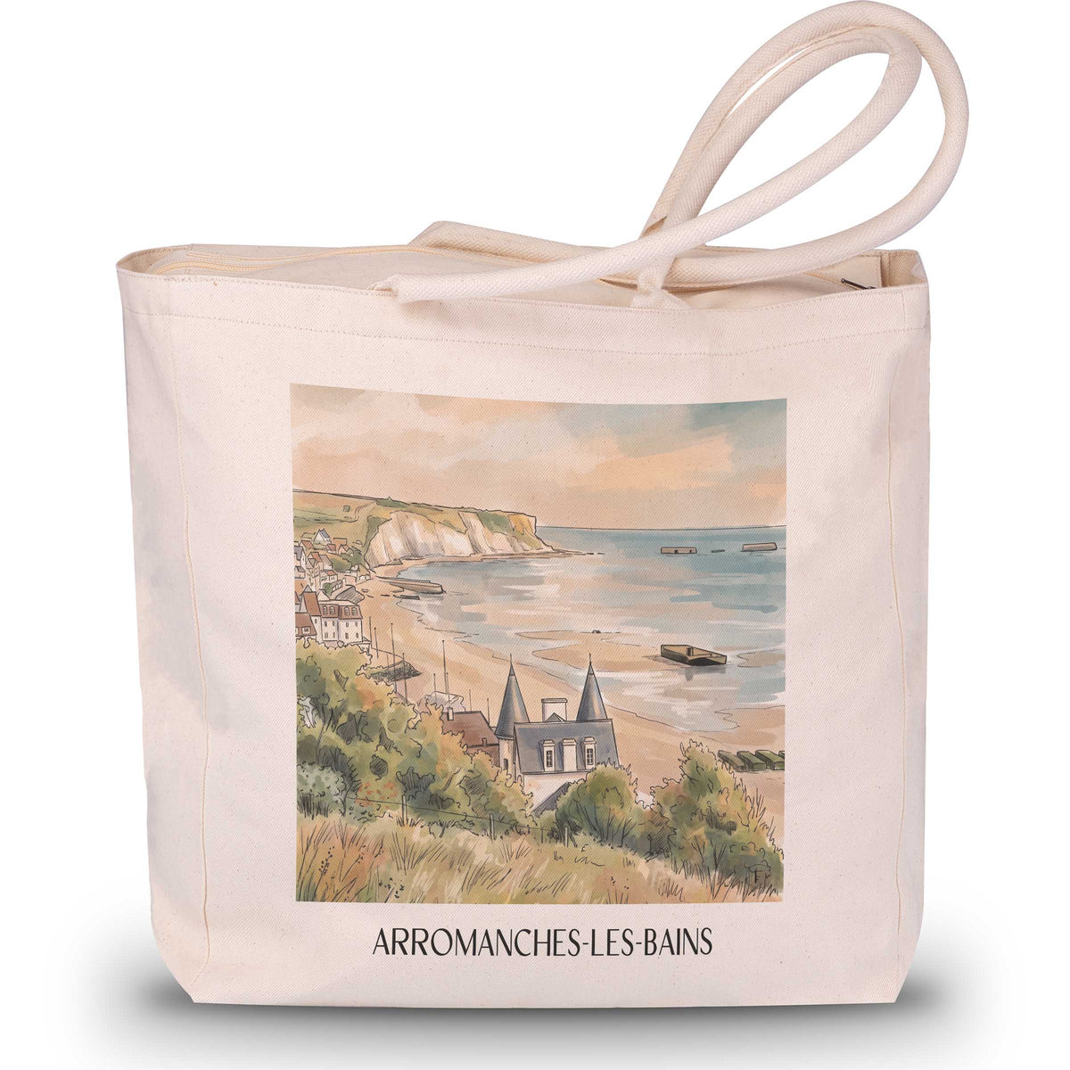 arromanches-les-bains-d-day-strände-frankreich-einkaufstasche-aquarell