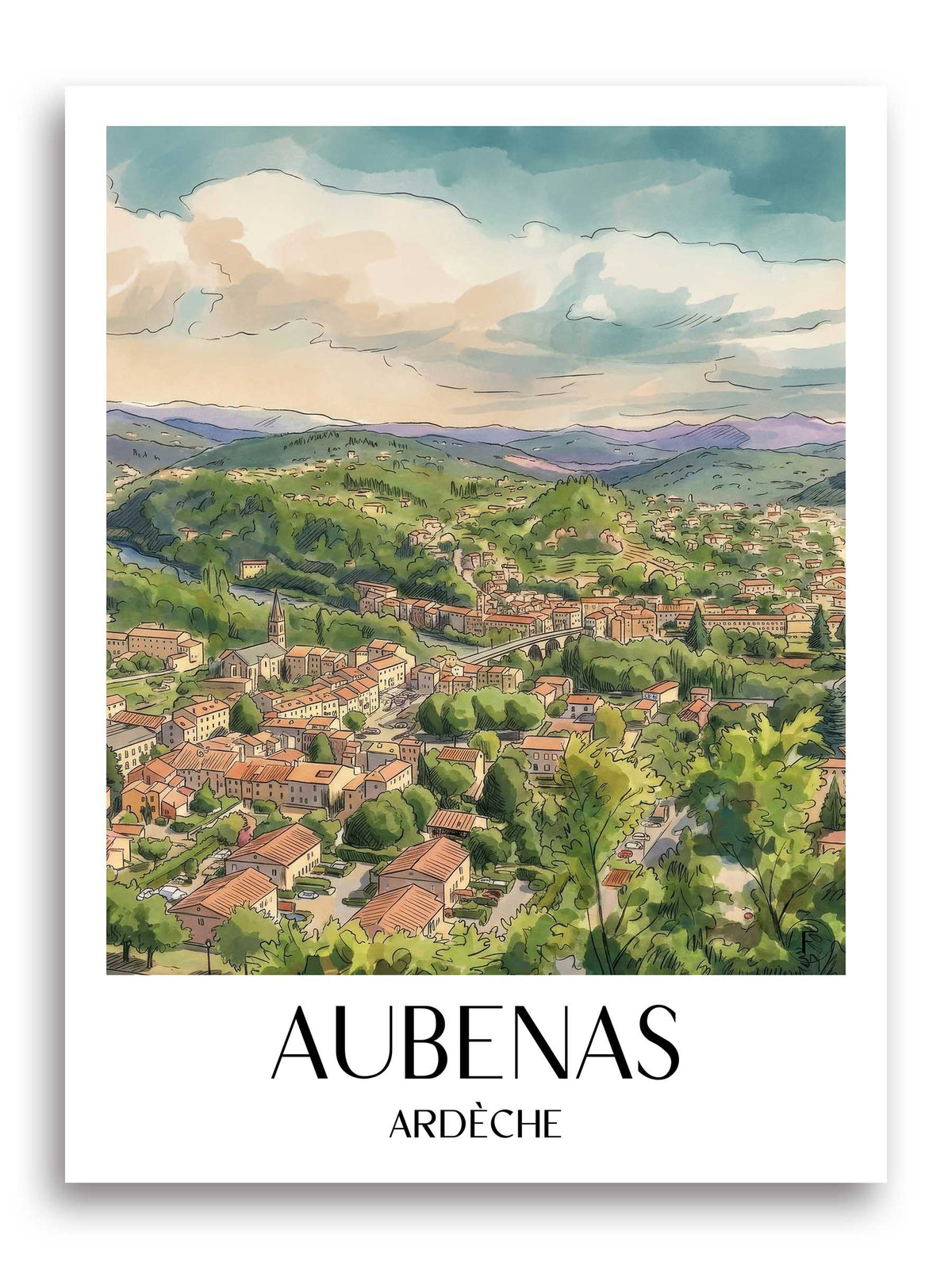 aubenas-ardèche-frankreich-poster-aquarell