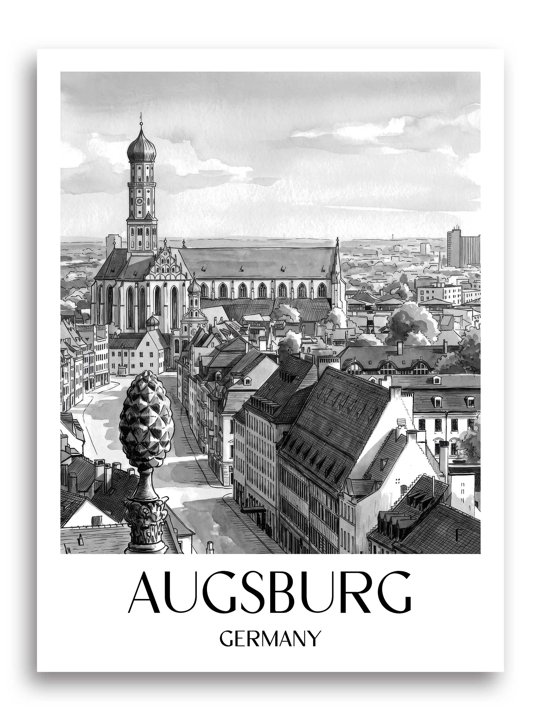 Augsburg Poster - - Deutschland Kunstdruck - Aquarell Schwarz-Weiß von A4 bis A1 - favplace