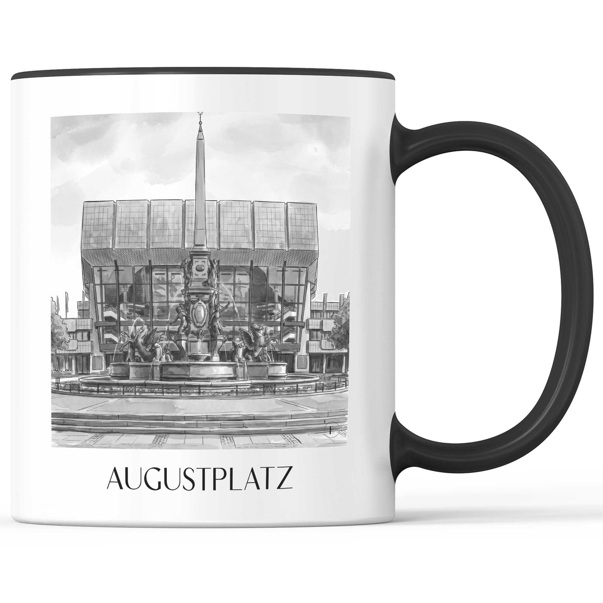 Augustplatz Kaffeebecher - Leipzig - Deutschland Becher - Kaffeetasse im Aquarell Schwarz-Weiß Stil - favplace