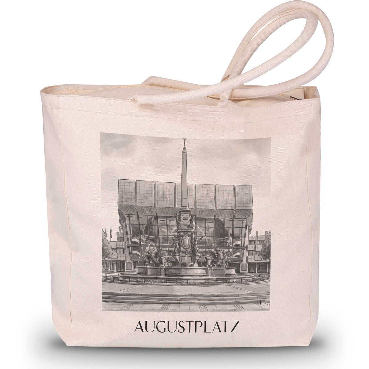 Augustplatz Shopping Tasche - Leipzig - Deutschland Tote Bag - Einkaufstasche im Aquarell Schwarz-Weiß Stil - favplace