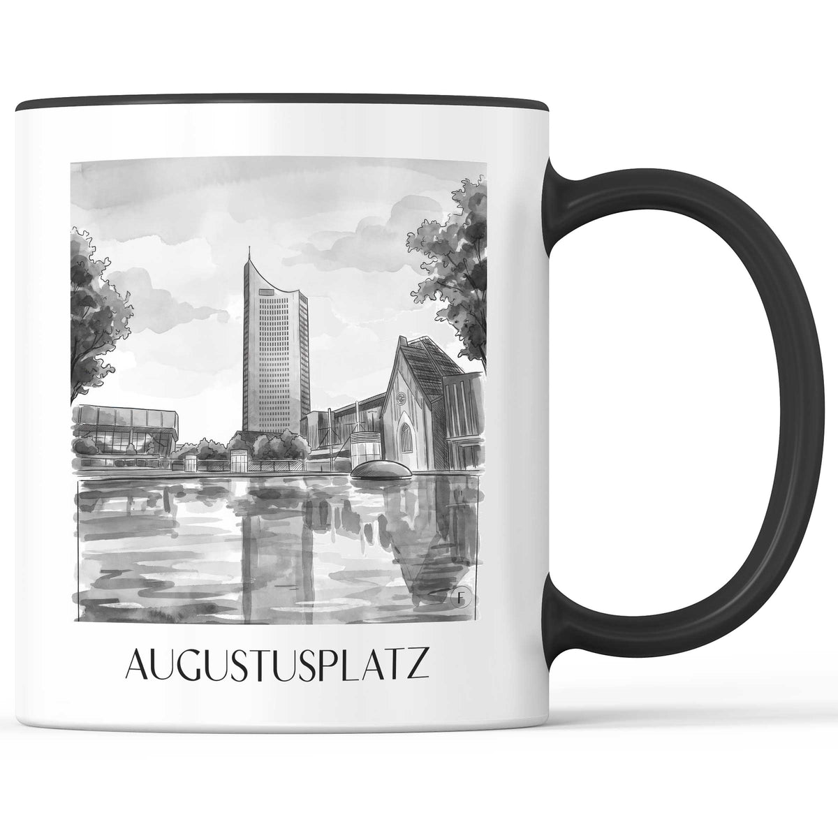 Augustusplatz Kaffeebecher - Leipzig - Deutschland Becher - Kaffeetasse im Aquarell Schwarz-Weiß Stil - favplace