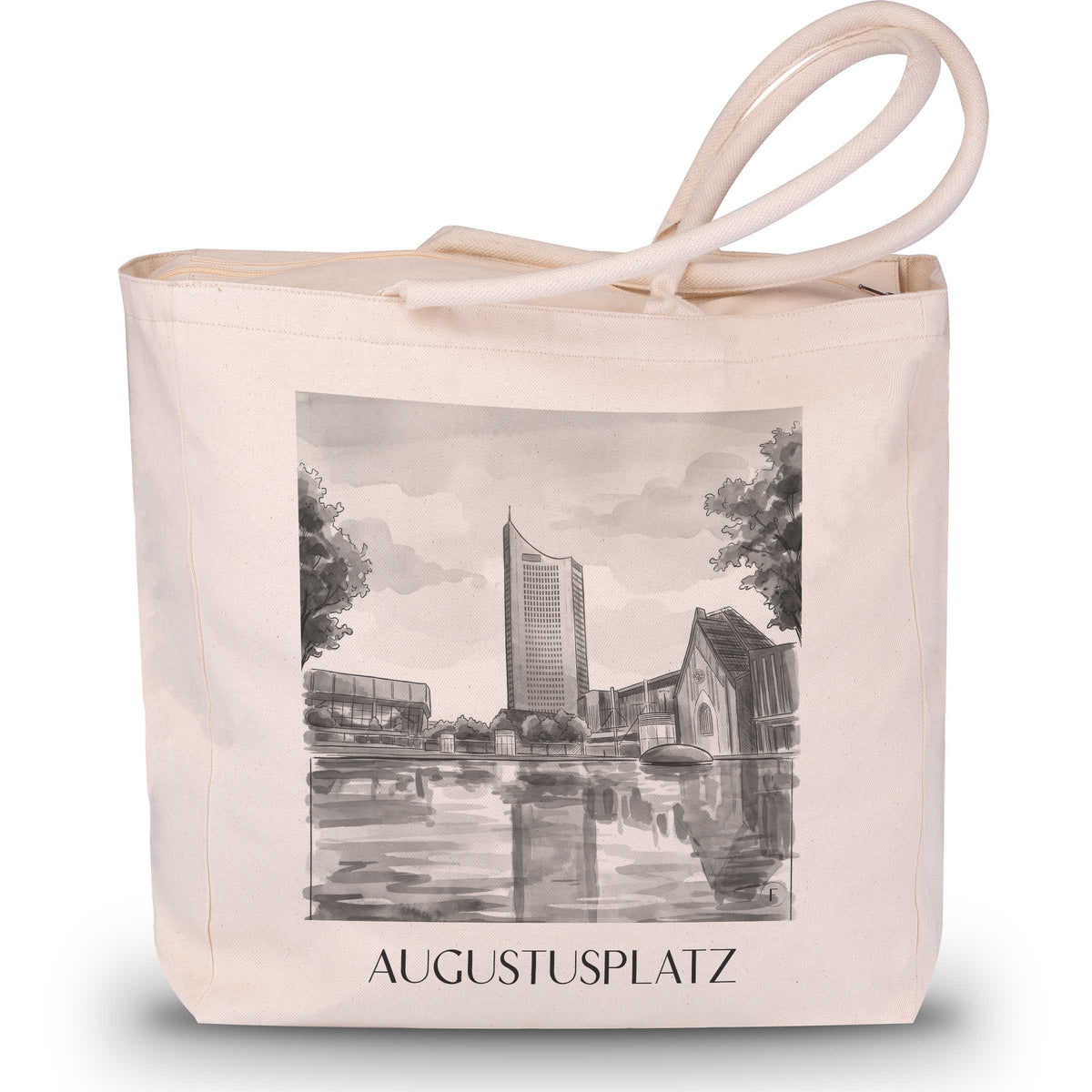 Augustusplatz Shopping Tasche - Leipzig - Deutschland Tote Bag - Einkaufstasche im Aquarell Schwarz-Weiß Stil - favplace