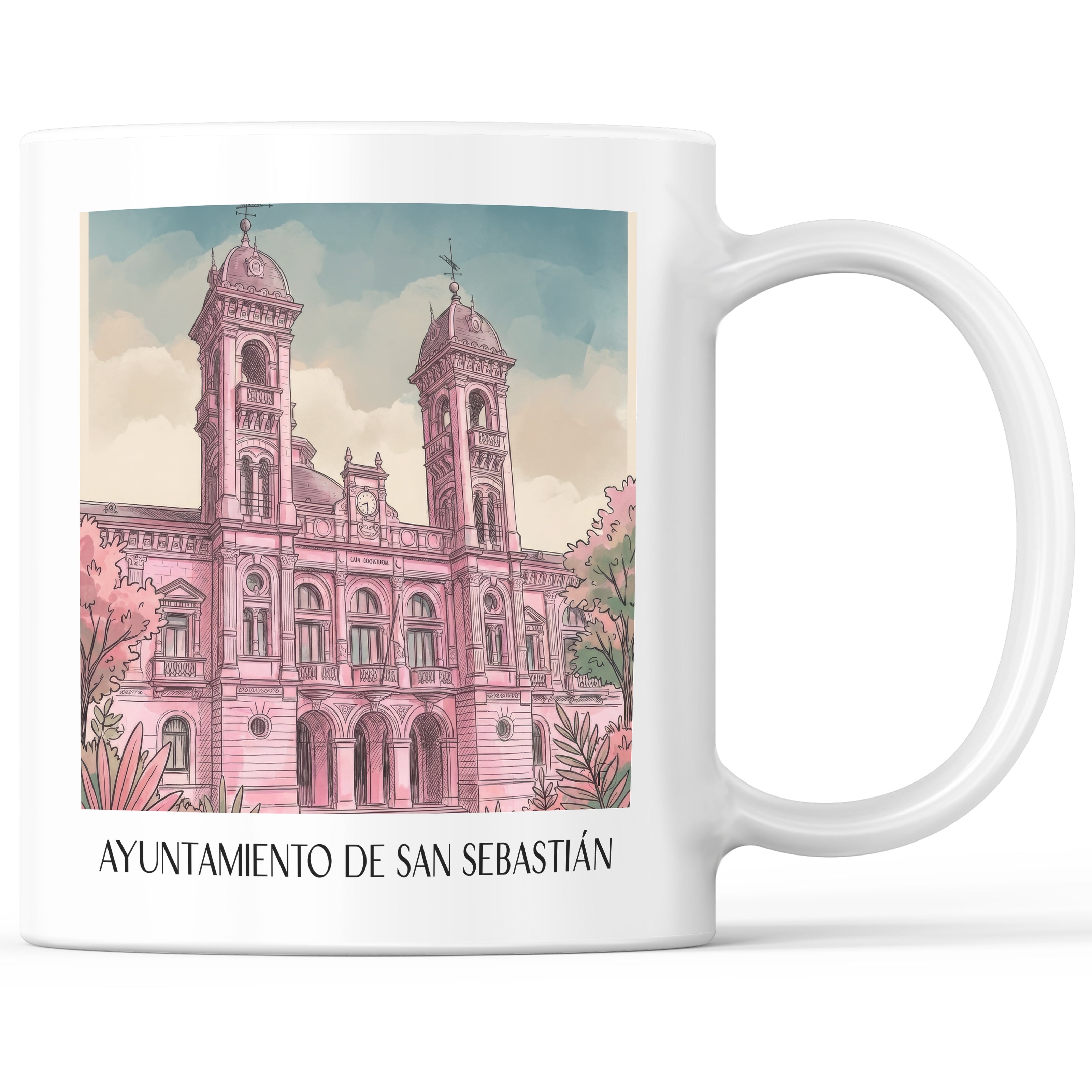 Ayuntamiento de San Sebastián Kaffeebecher - Spanien - Spanien Becher - Kaffeetasse im Aquarell Pink Stil - favplace