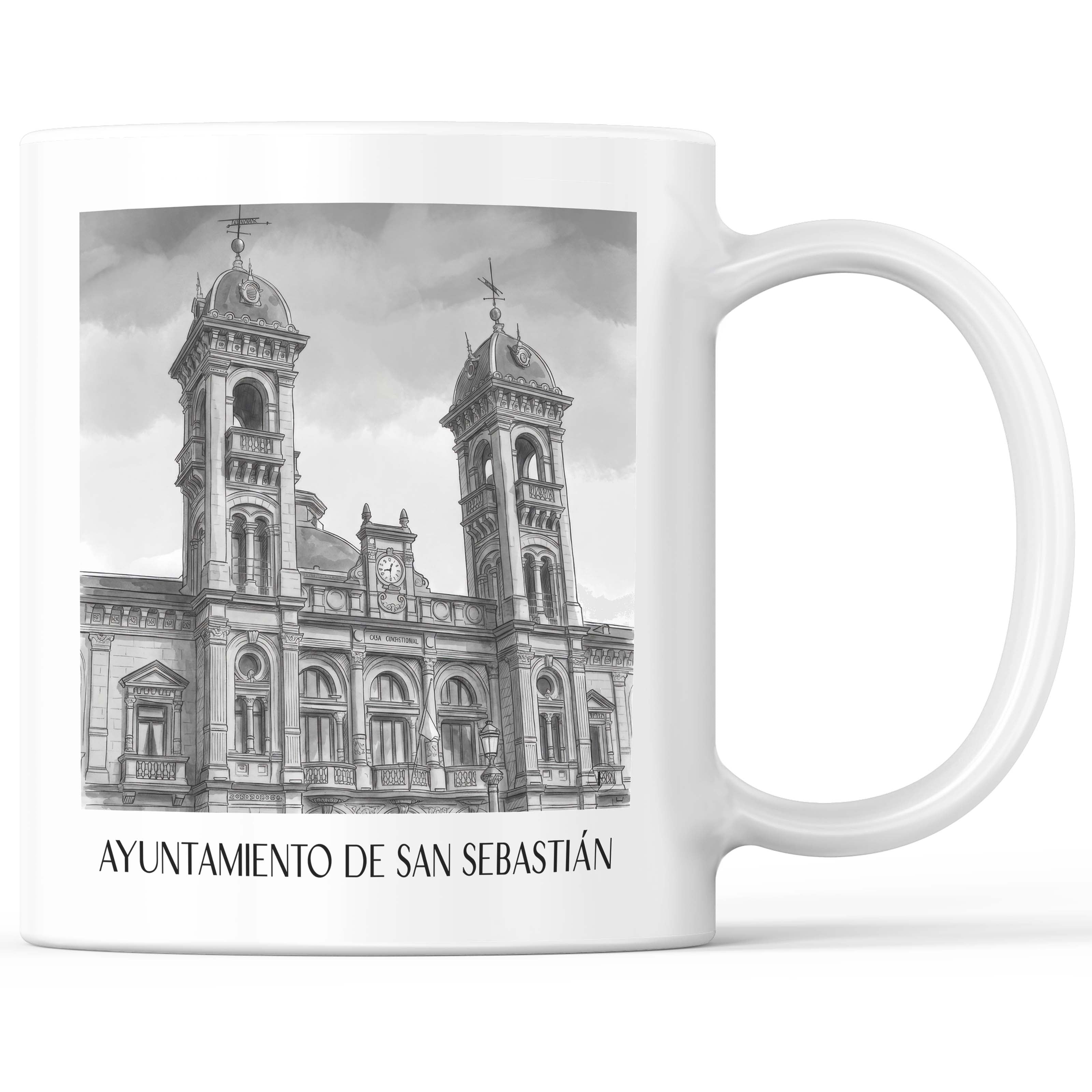 Ayuntamiento de San Sebastián Kaffeebecher - Spanien - Spanien Becher - Kaffeetasse im Aquarell Schwarz-Weiß Stil - favplace