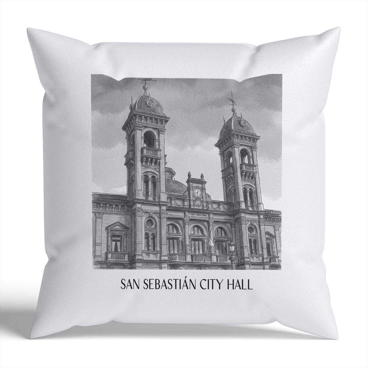 Ayuntamiento de San Sebastián Kissenhülle - Zierkissen Bezug - Spanien - Spanien Kissen bzw. Kissenbezug im Aquarell Schwarz-Weiß Stil - favplace