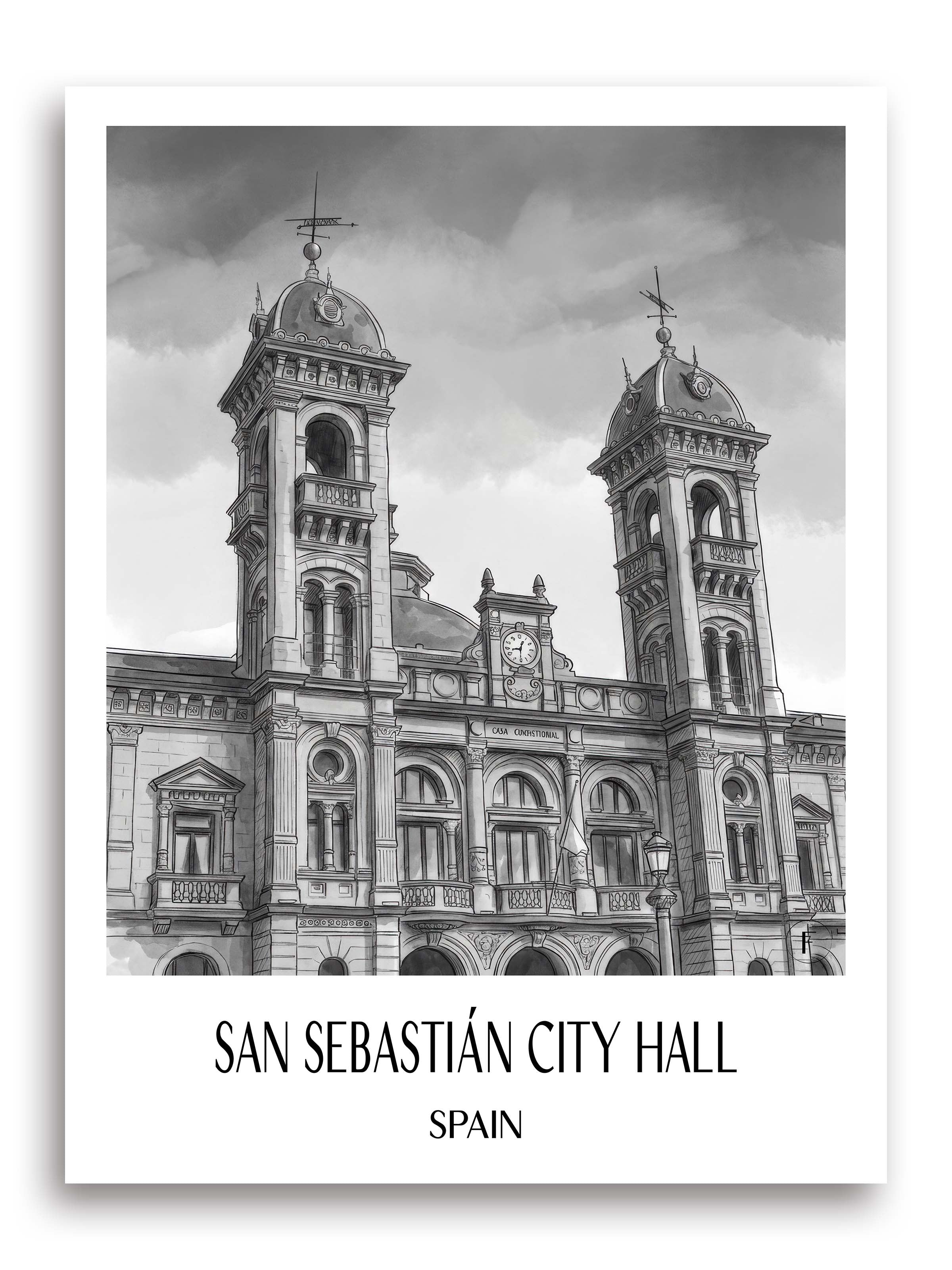 Ayuntamiento de San Sebastián Poster - Spanien - Spanien Kunstdruck - Aquarell Schwarz-Weiß von A4 bis A1 - favplace