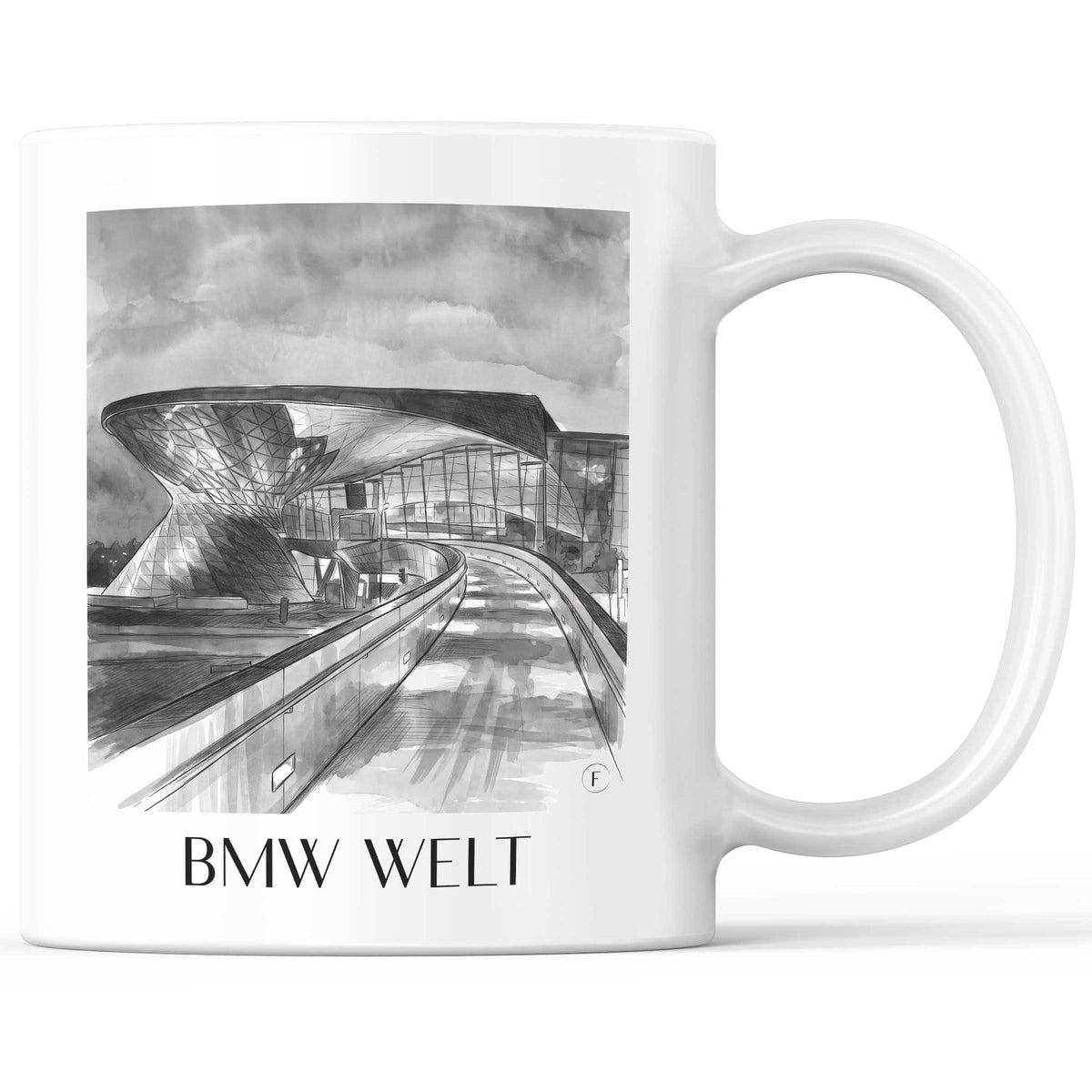 BMW Welt Kaffeebecher - München - Deutschland Becher - Kaffeetasse im Aquarell Schwarz-Weiß Stil - favplace