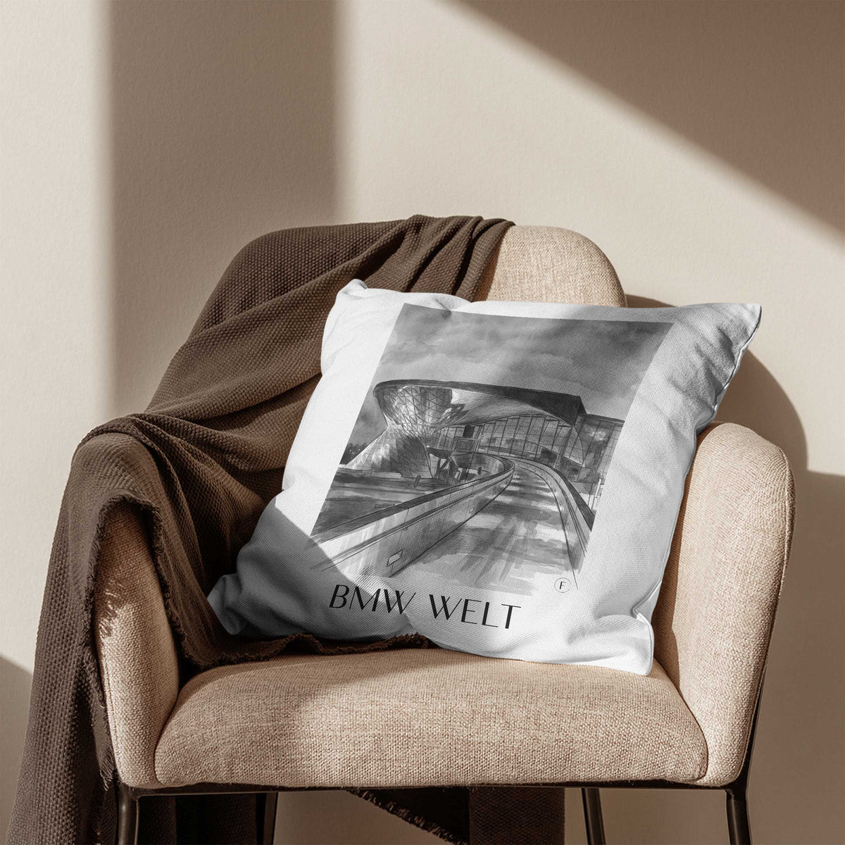 bmw-welt-münchen-deutschland-kissenbezug-aquarell-schwarz-weiss