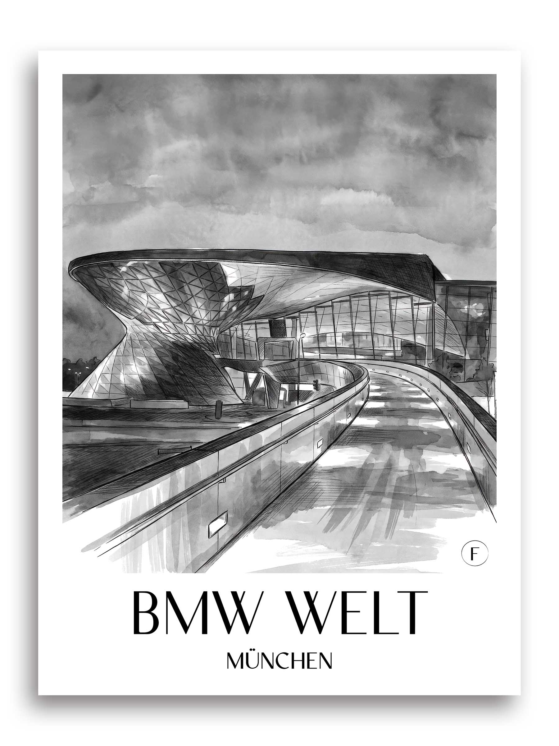 bmw-welt-münchen-deutschland-poster-aquarell-schwarz-weiss