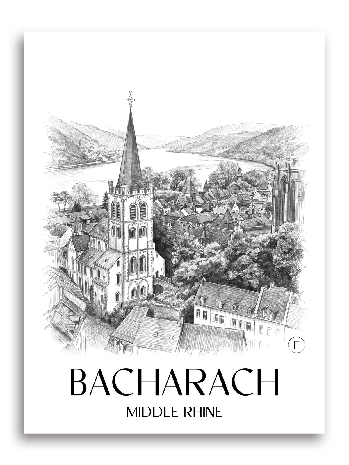 Bacharach Poster - Mittelrhein - Deutschland Kunstdruck - Zeichnung von A4 bis A1