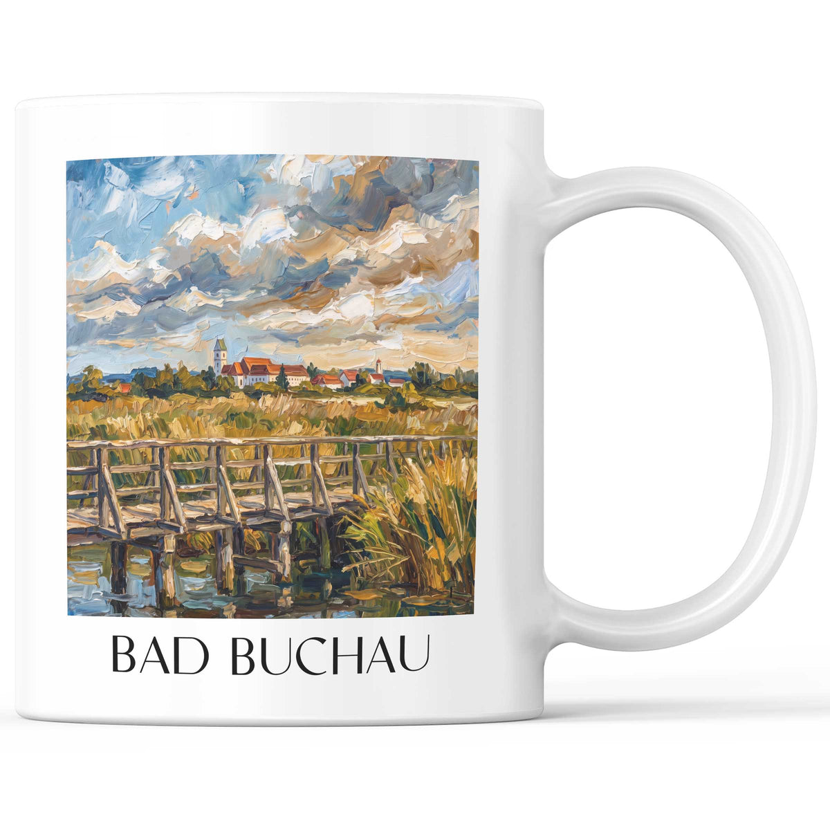 Bad Buchau Kaffeebecher - Oberschwaben - Deutschland Becher - Kaffeetasse im Ölgemälde Stil