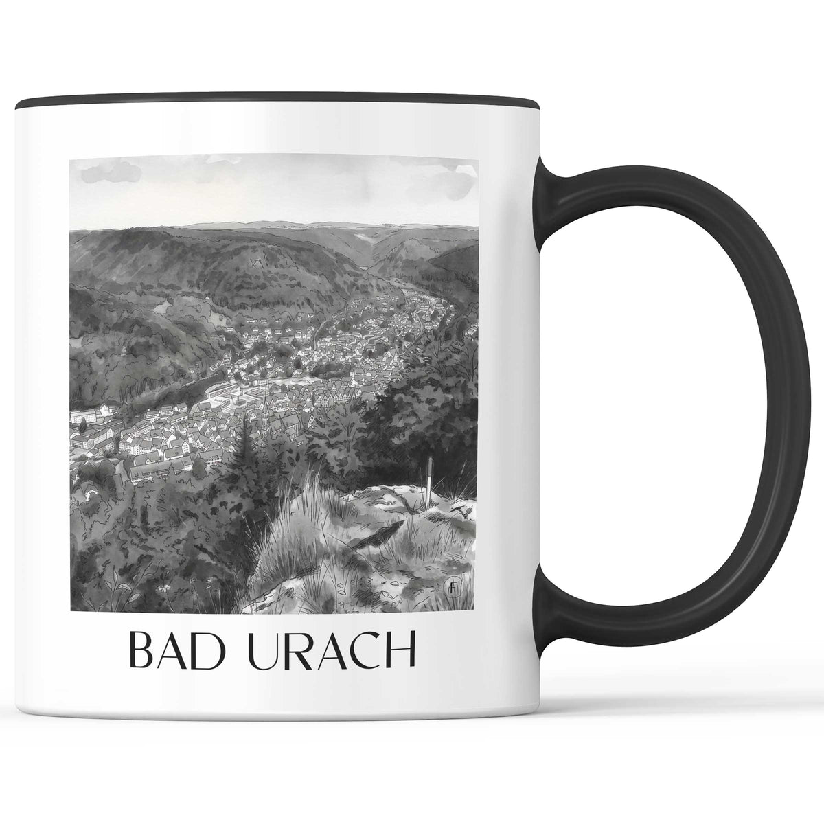 Bad Urach - Deutschland Becher - Kaffeetasse im Aquarell Schwarz-Weiß Stil - favplace