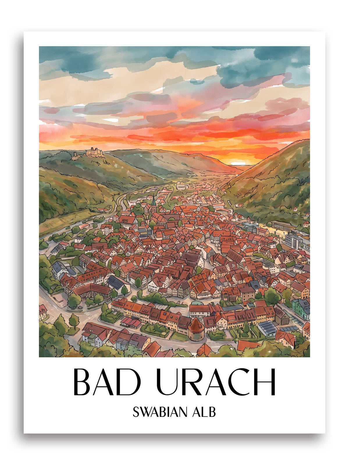 Bad Urach Poster - Schwäbische Alb - Deutschland Kunstdruck - Aquarell von A4 bis A1 - favplace