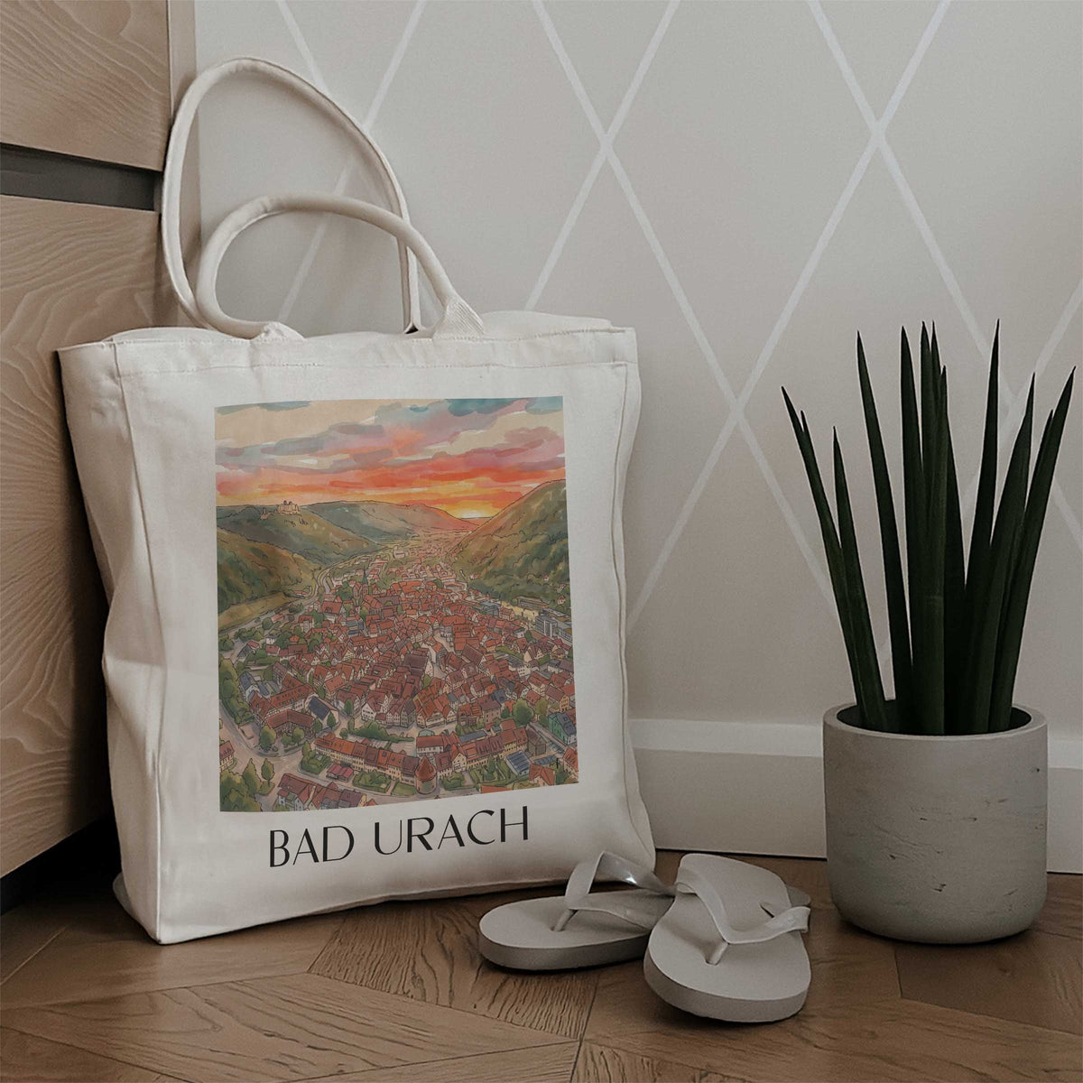 bad-urach-schwäbische-alb-deutschland-einkaufstasche-aquarell