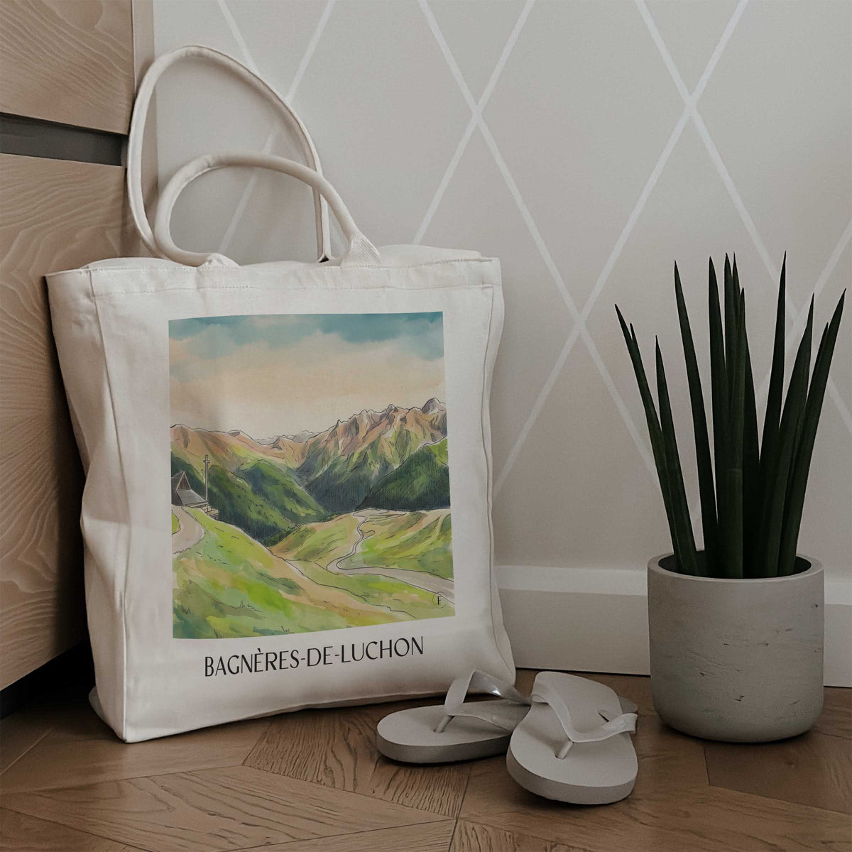 bagnères-de-luchon-luchonnais-frankreich-einkaufstasche-aquarell