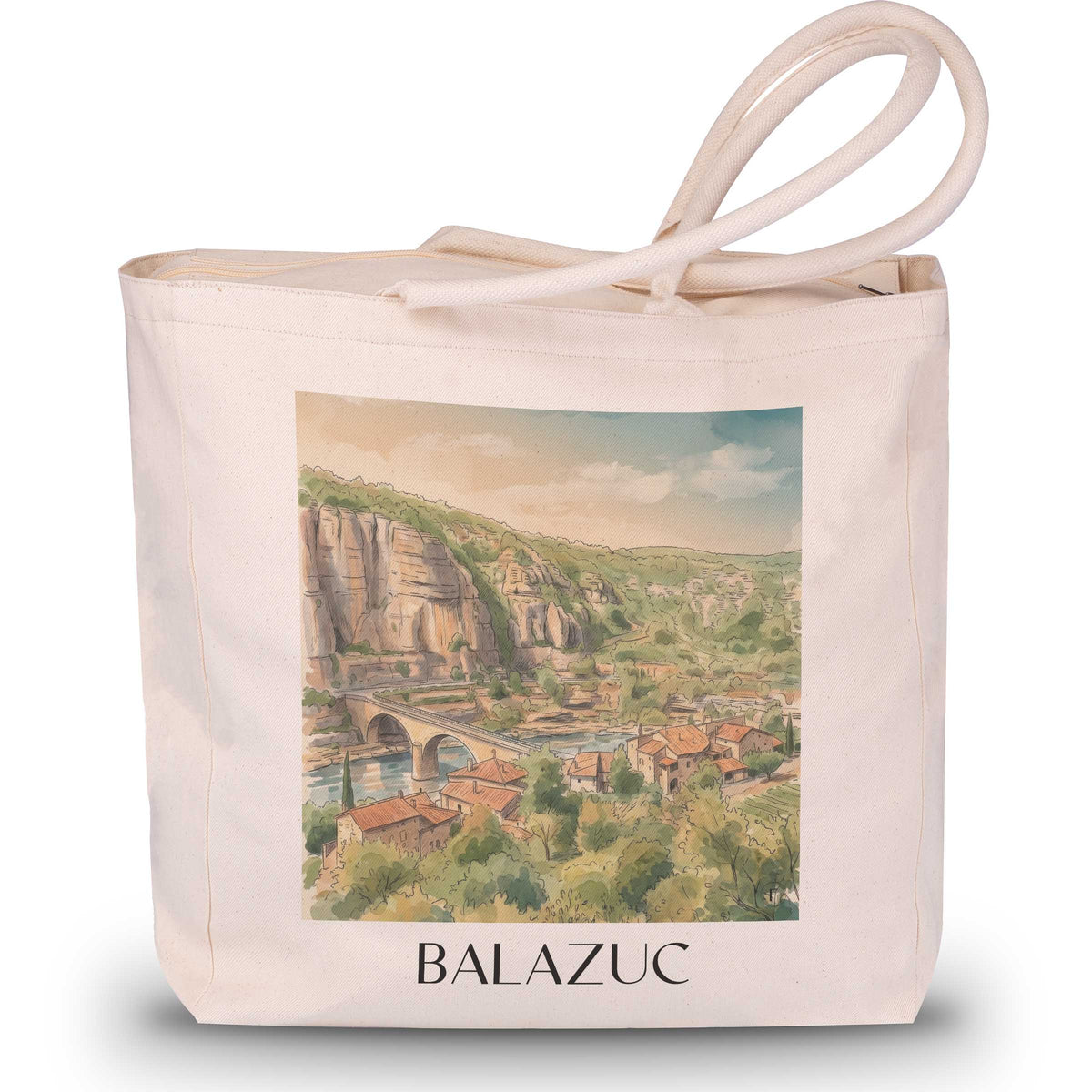 balazuc-vallée-de-l'ardèche-frankreich-einkaufstasche-aquarell