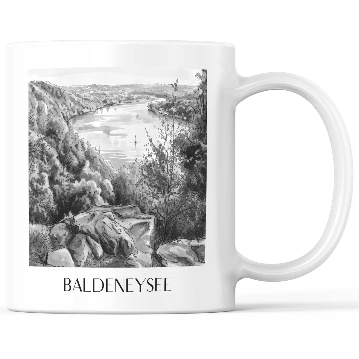 Baldeneysee Kaffeebecher - Essen - Deutschland Becher - Kaffeetasse im Aquarell Schwarz-Weiß Stil - favplace