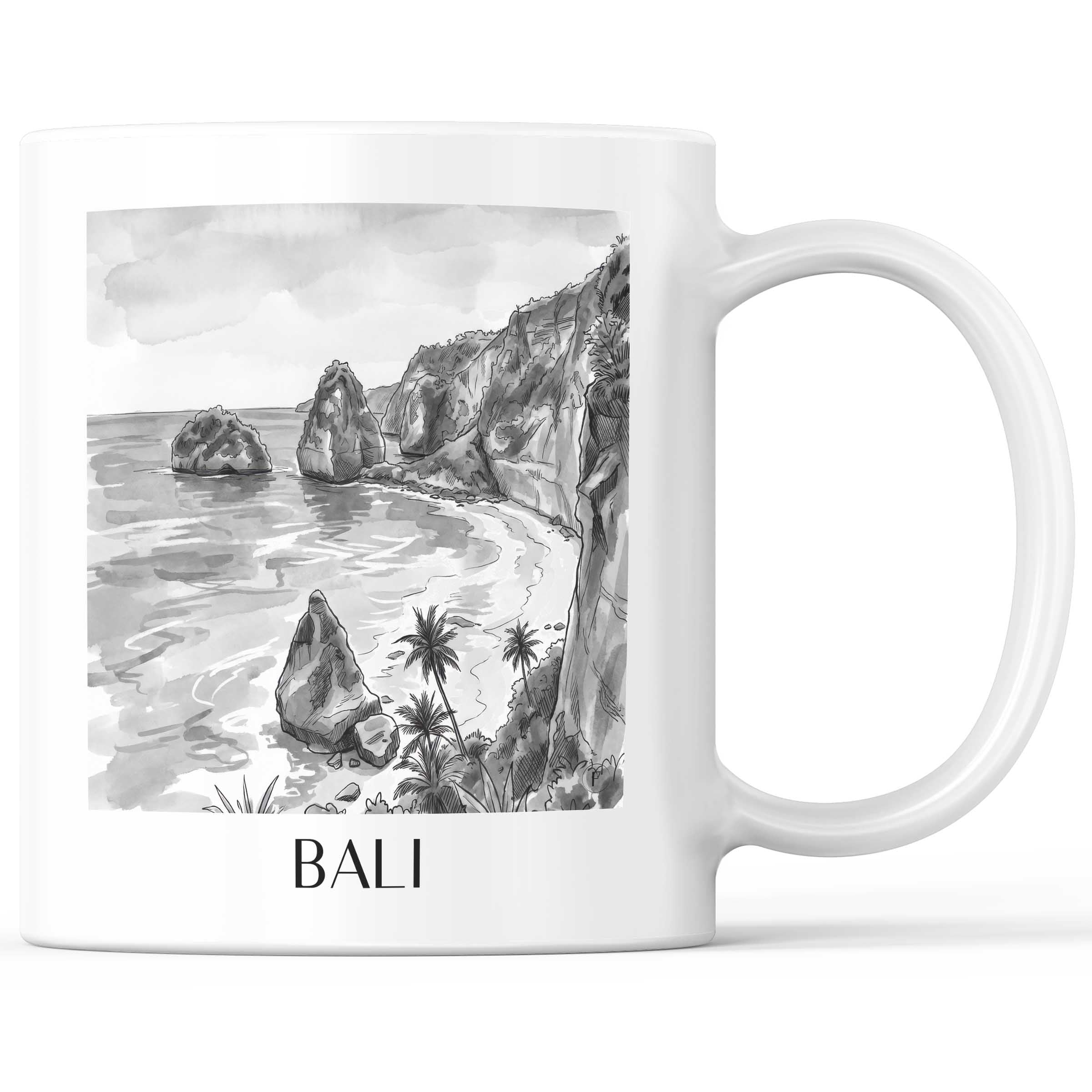 Bali - Indonesien Becher - Kaffeetasse im Aquarell Schwarz-Weiß Stil - favplace