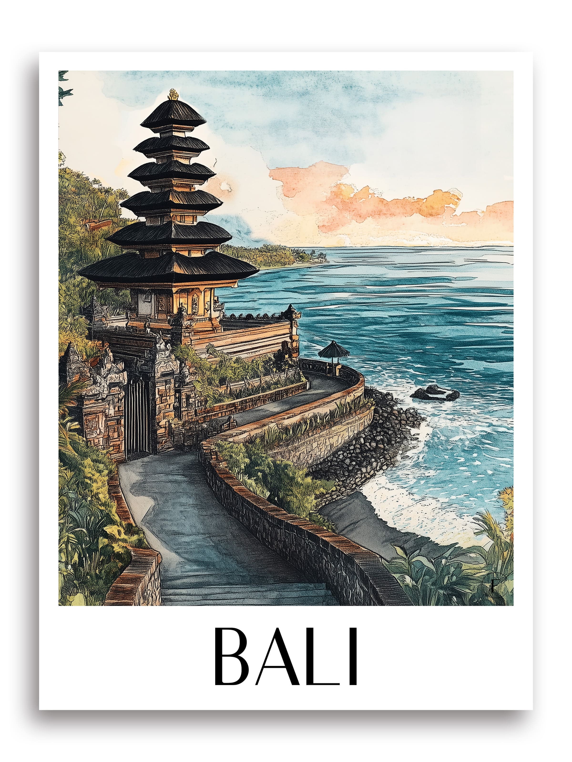 Bali Poster -  Indonesien Kunstdruck - Aquarell von A4 bis A1 - favplace