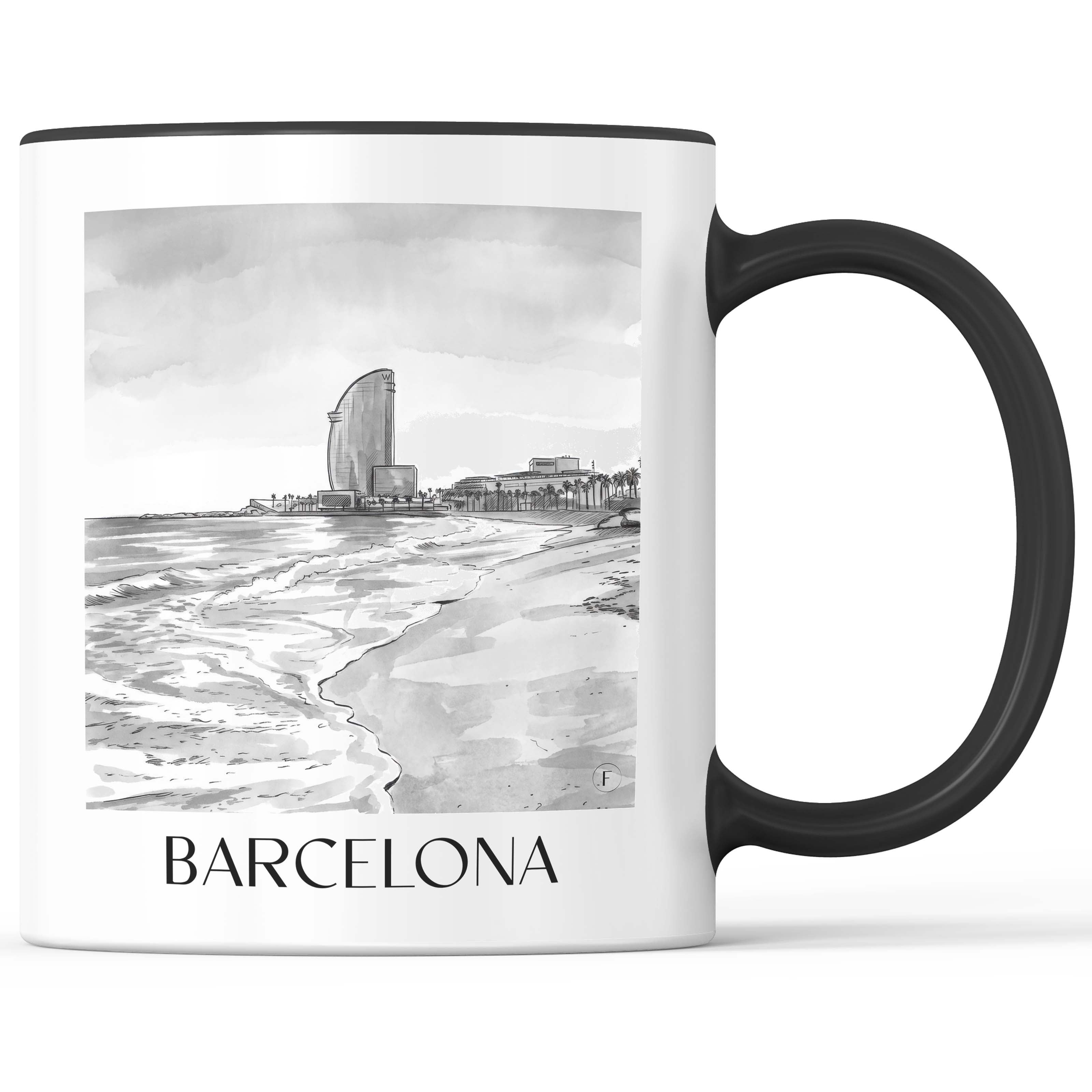 barcelona-spanien-spanien-kaffeebecher-aquarell-schwarz-weiss