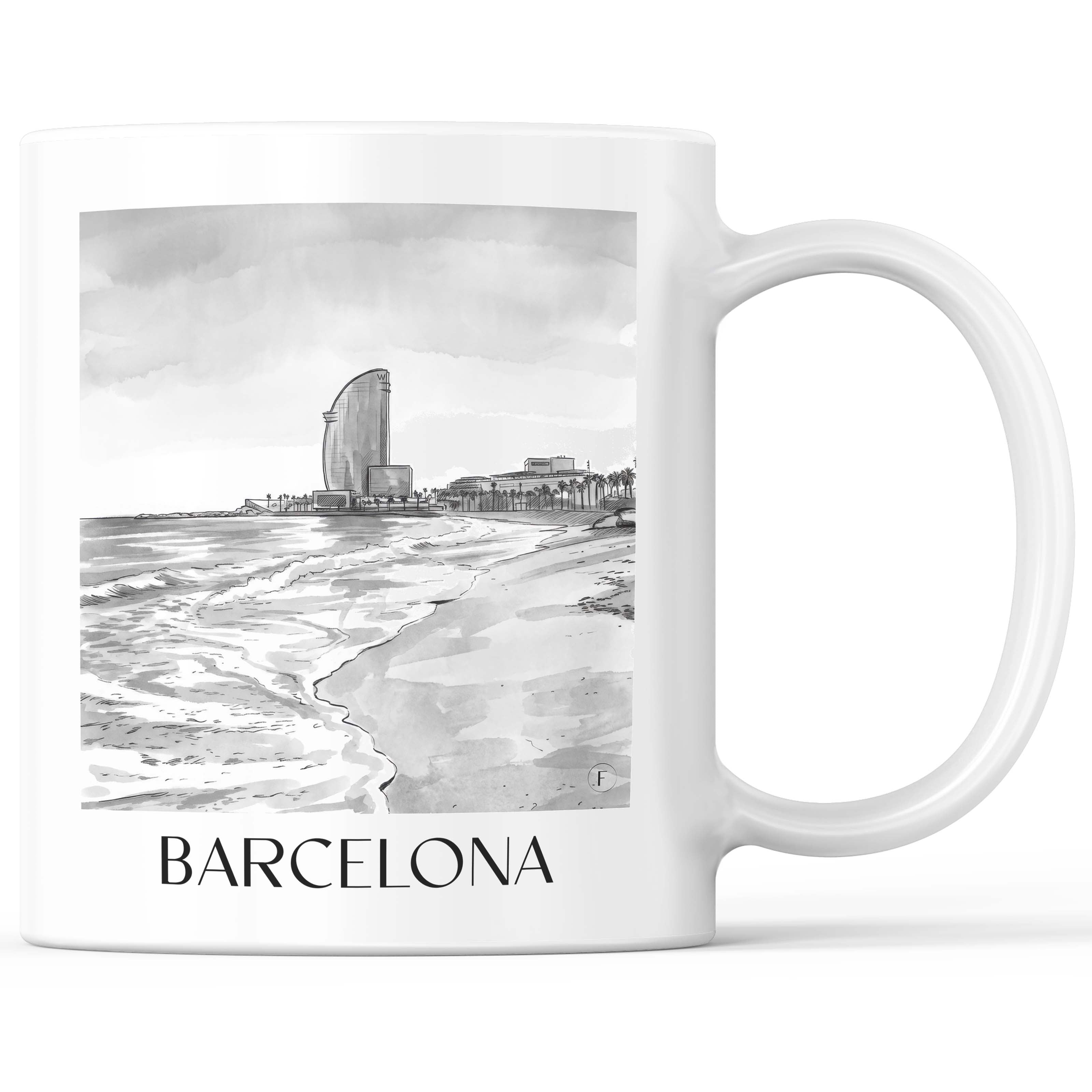 Barcelona Kaffeebecher - Spanien - Spanien Becher - Kaffeetasse im Aquarell Schwarz-Weiß Stil - favplace