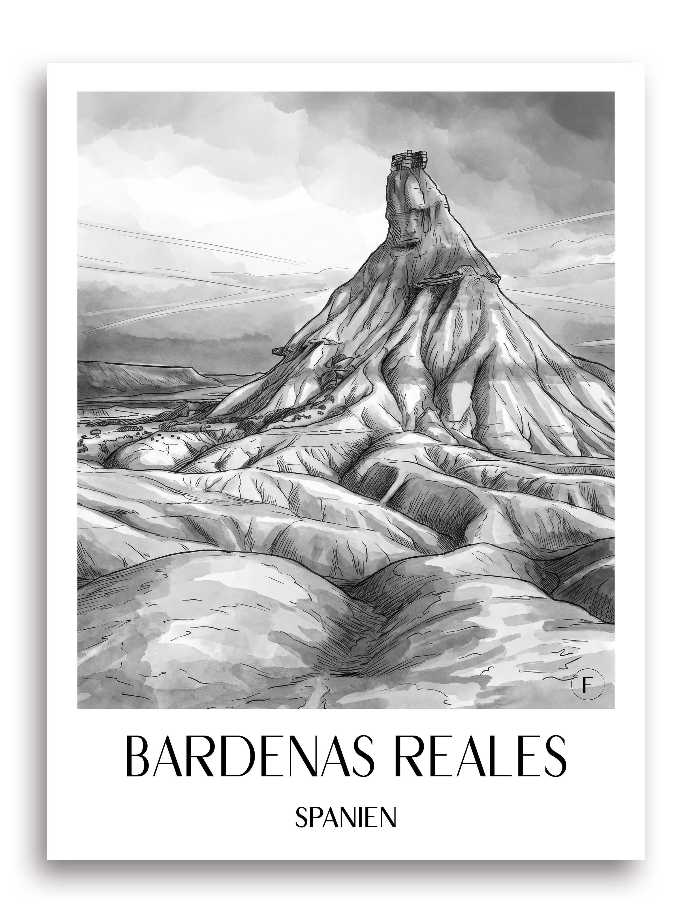 bardenas-reales-spanien-spanien-poster-aquarell-schwarz-weiss