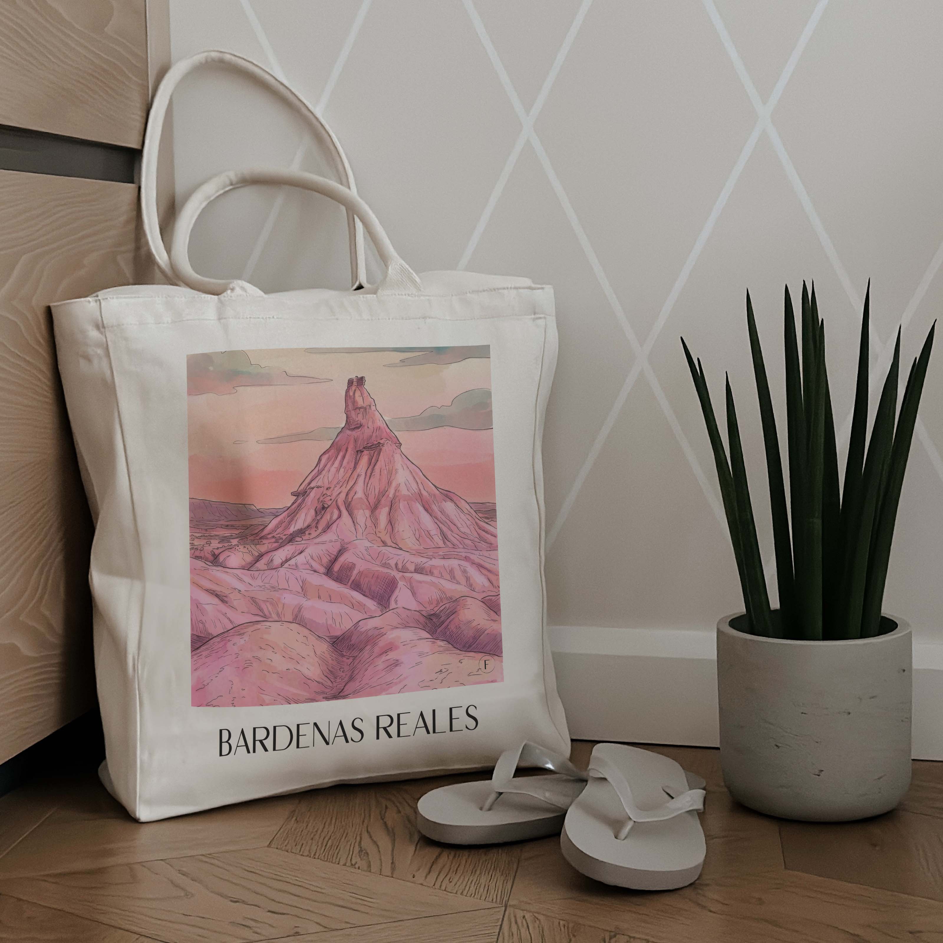 bardenas-reales-spanien-spanien-einkaufstasche-aquarell-pink-rosa
