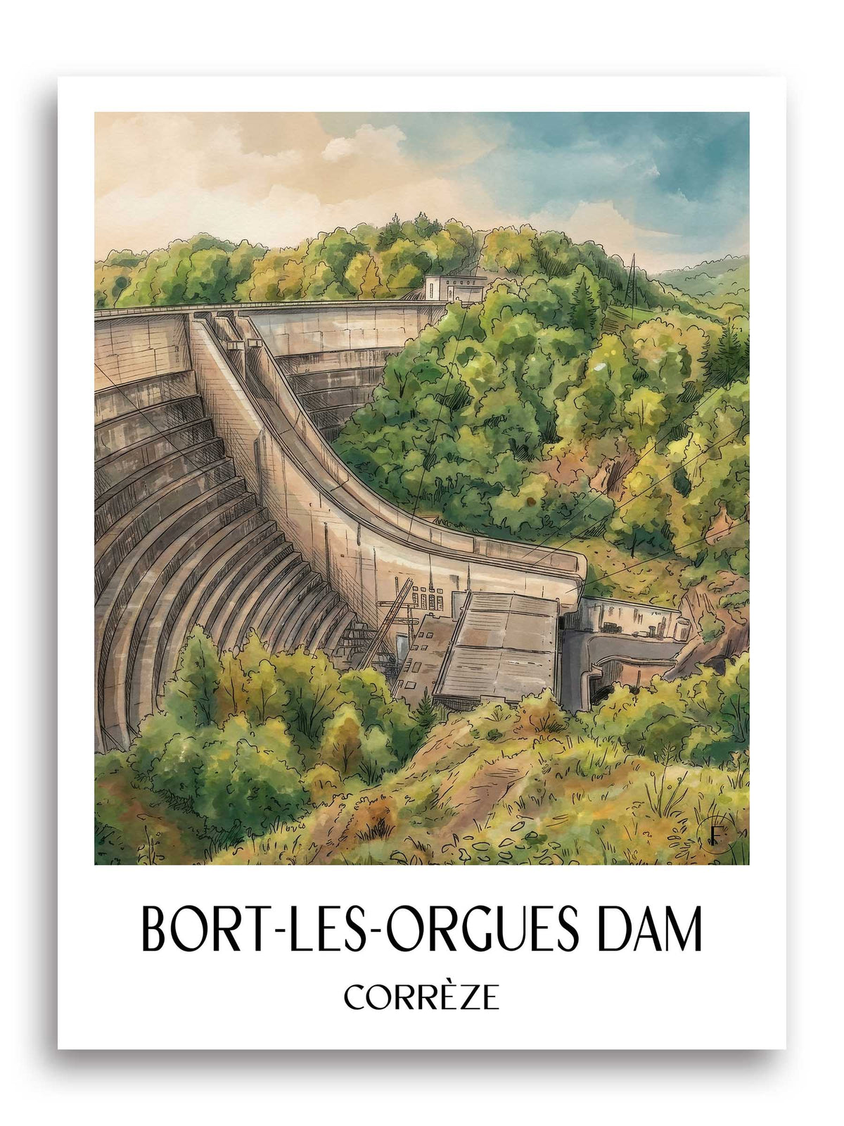 Barrage de Bort-les-Orgues Poster - Corrèze - Frankreich Kunstdruck - Aquarell von A4 bis A1 - favplace