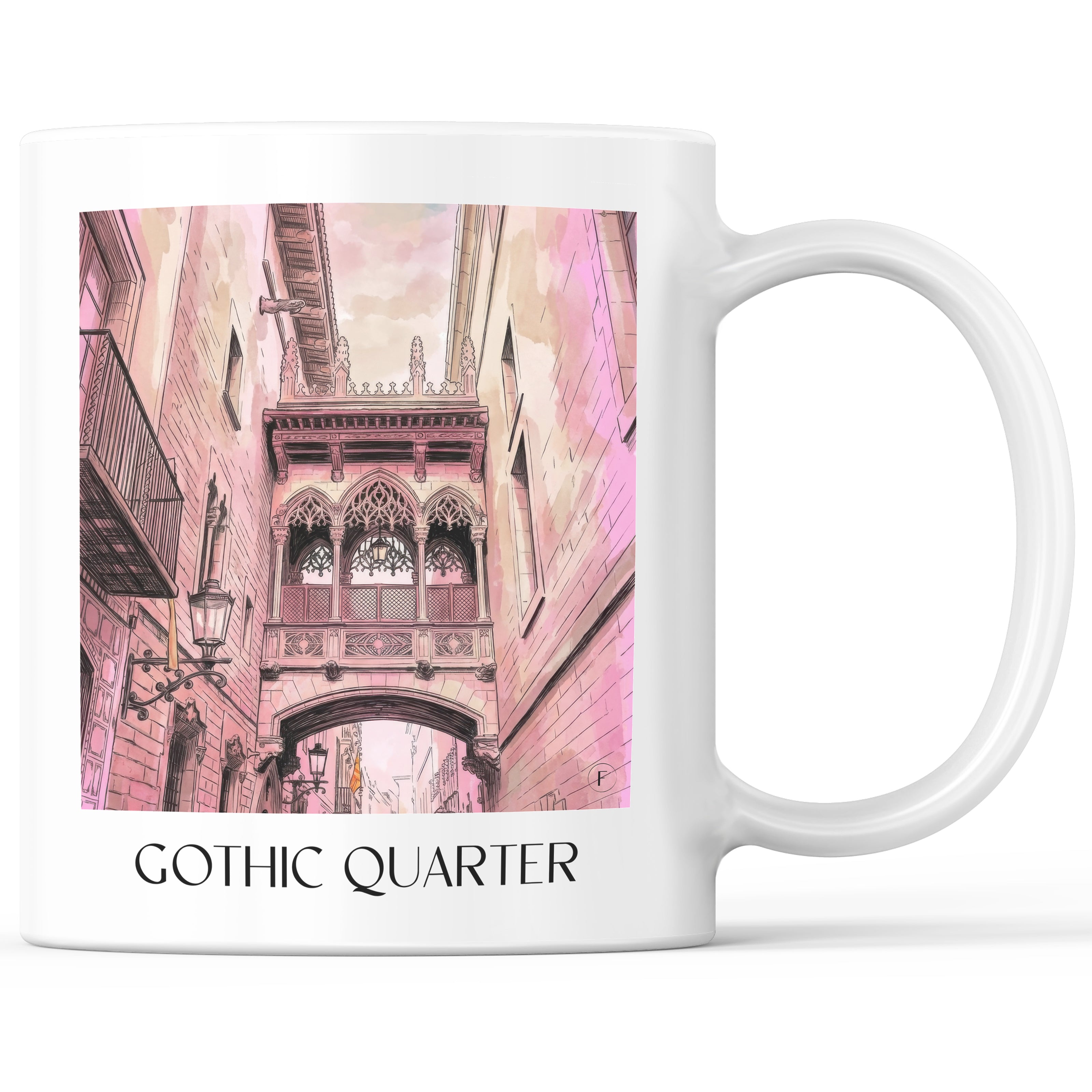 Barri Gòtic Kaffeebecher - Barcelona - Spanien Becher - Kaffeetasse im Aquarell Pink Stil - favplace