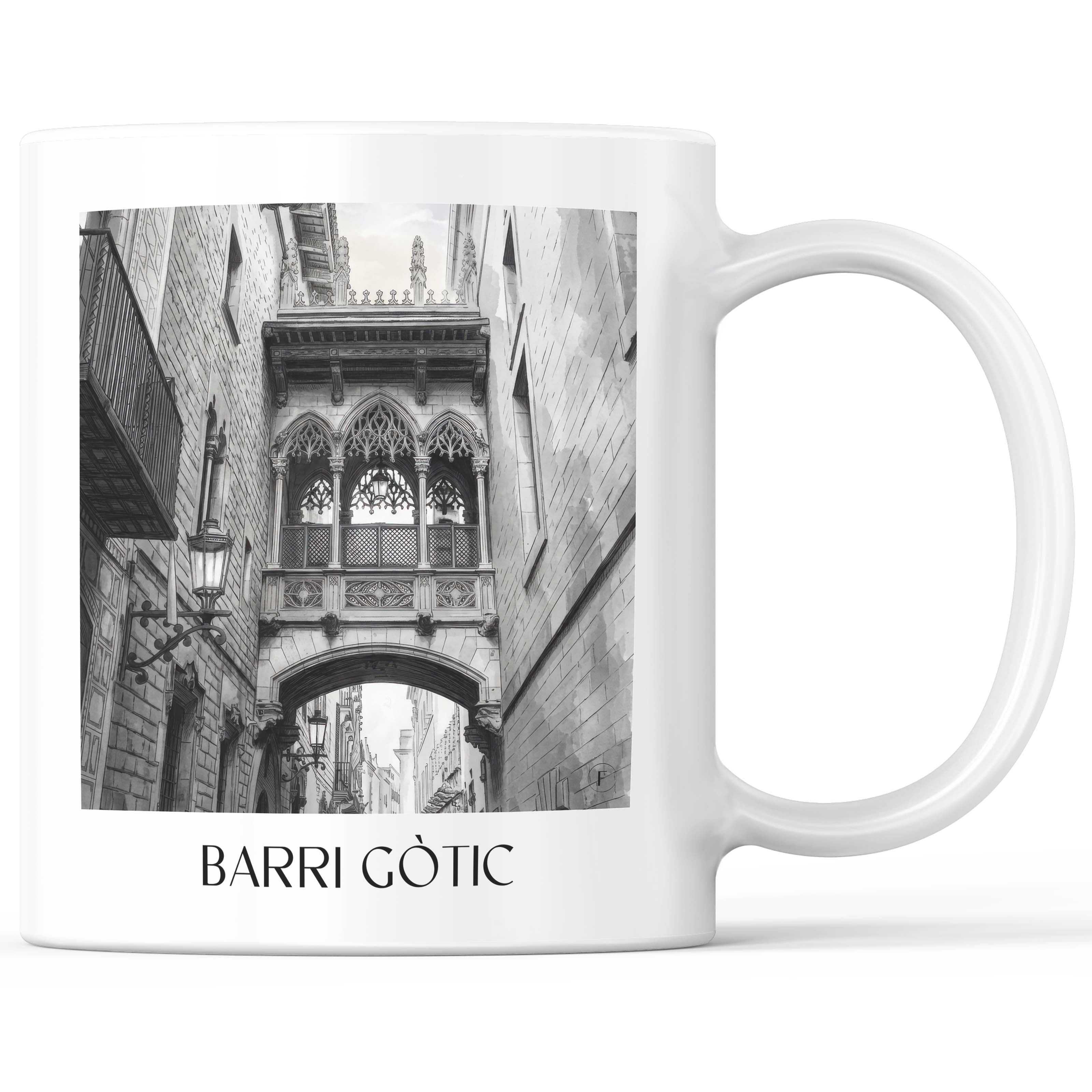 Barri Gòtic Kaffeebecher - Barcelona - Spanien Becher - Kaffeetasse im Aquarell Schwarz-Weiß Stil - favplace