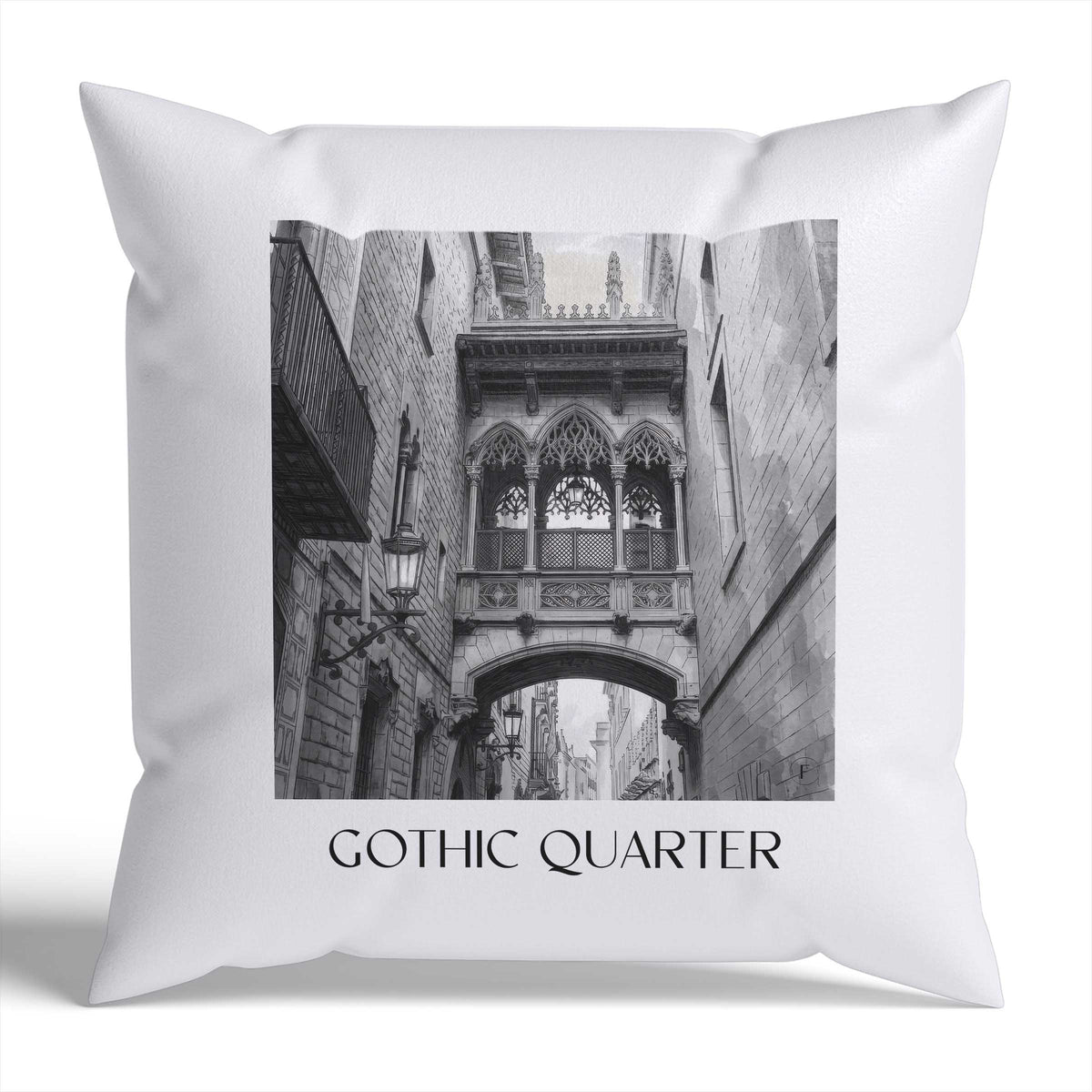 Barri Gòtic Kissenhülle - Zierkissen Bezug - Barcelona - Spanien Kissen bzw. Kissenbezug im Aquarell Schwarz-Weiß Stil - favplace