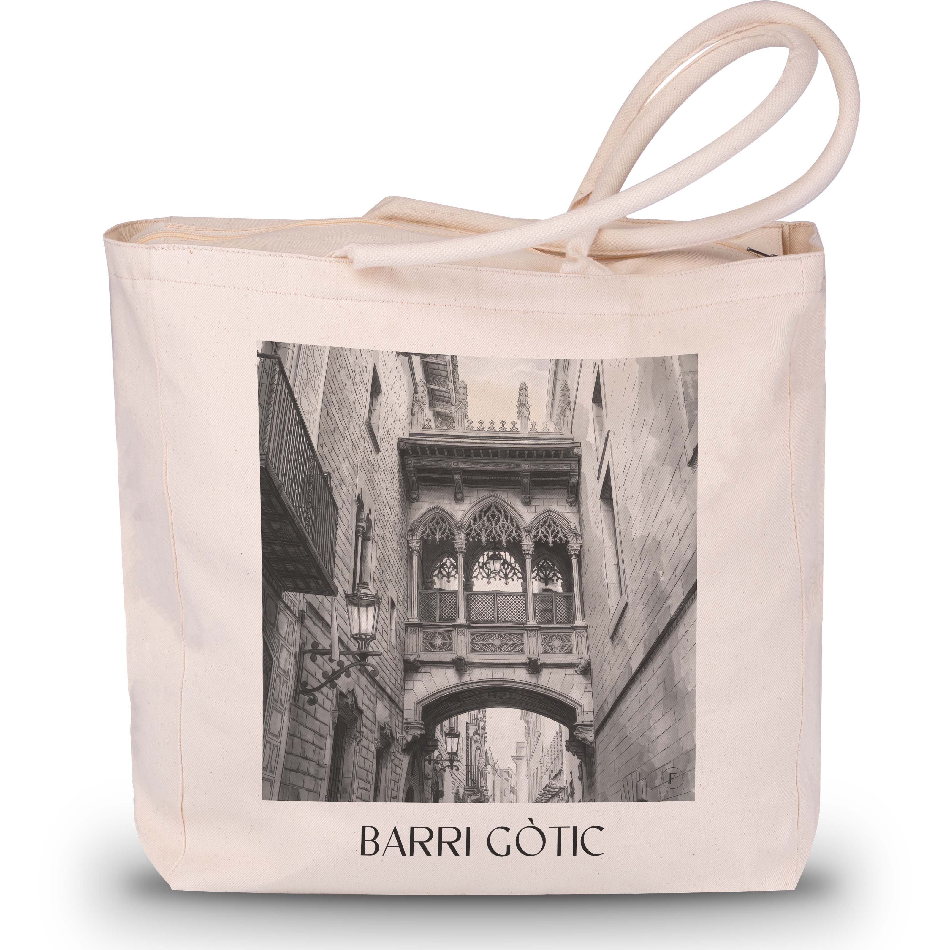 barri-gòtic-barcelona-spanien-einkaufstasche-aquarell-schwarz-weiss
