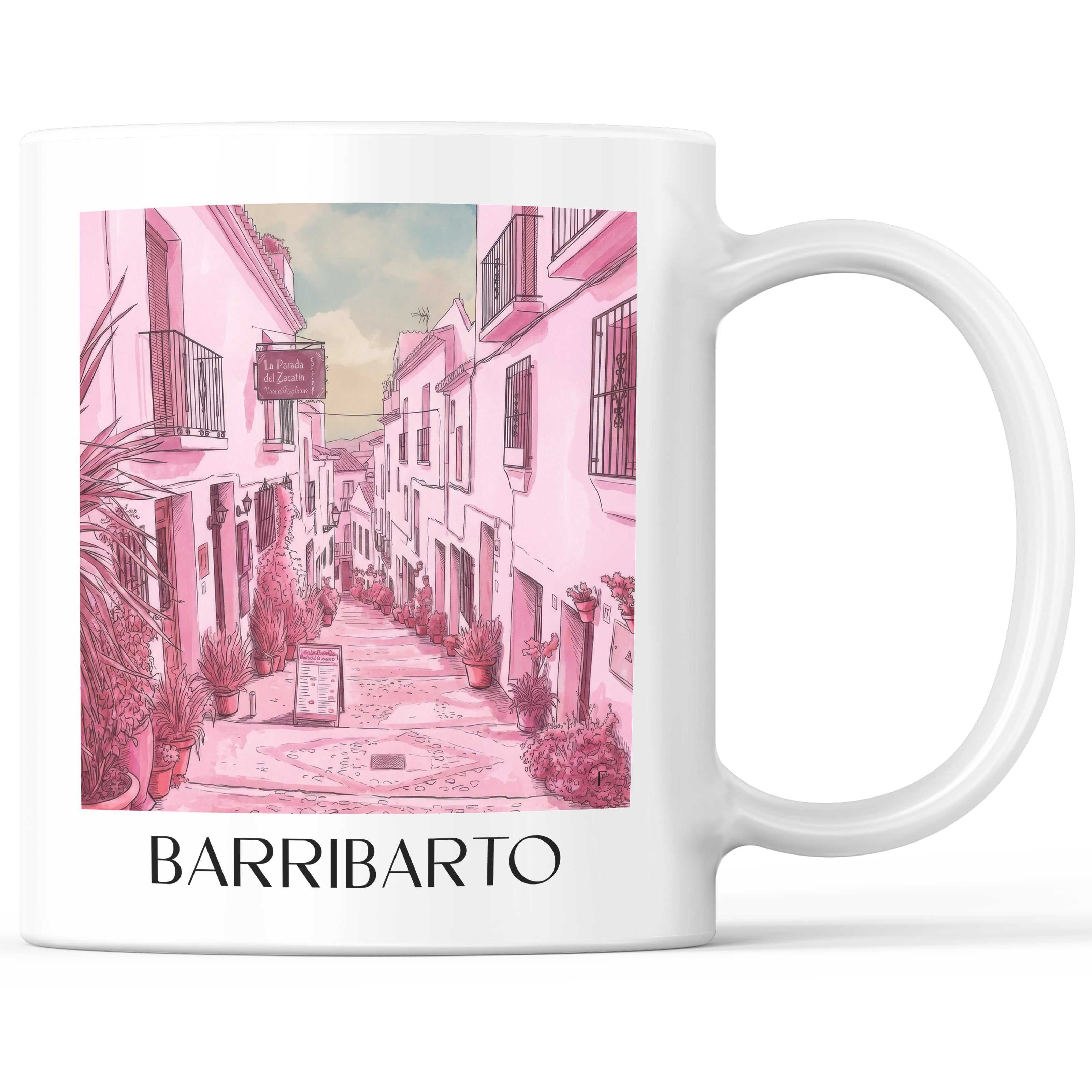 Barribarto Kaffeebecher - Frigiliana - Spanien Becher - Kaffeetasse im Aquarell Pink Stil - favplace