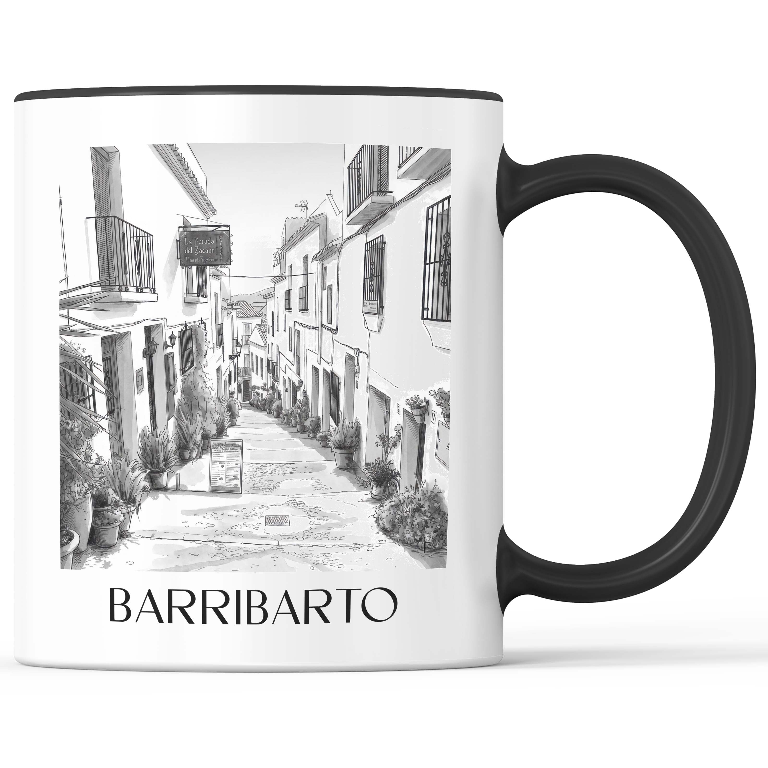 Barribarto Kaffeebecher - Frigiliana - Spanien Becher - Kaffeetasse im Aquarell Schwarz-Weiß Stil - favplace
